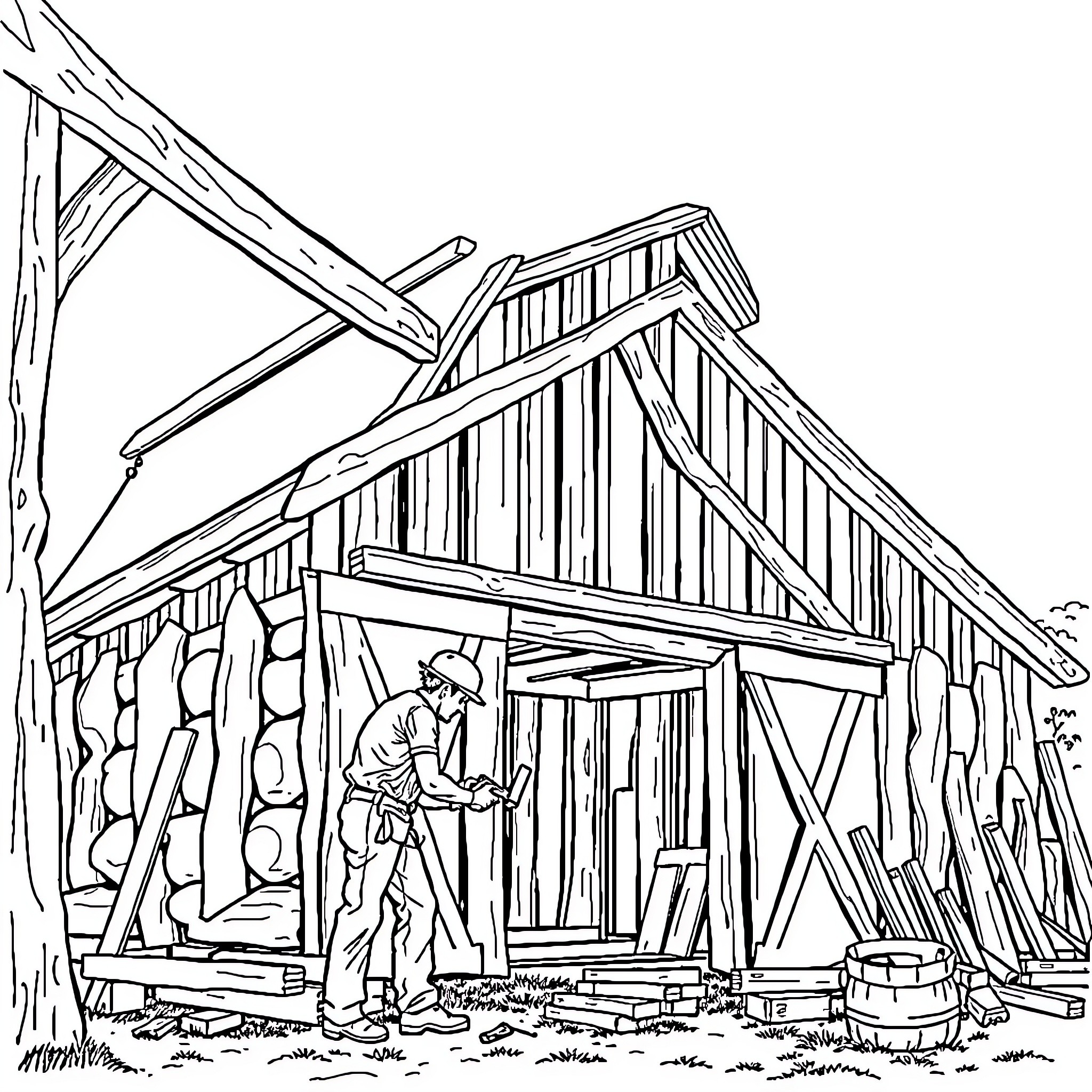 Woodworker building a rustic wooden structure Coloring Page (free black-and-white line drawing printable PDF for all, from beginners to advanced learners, including children, teens, adults, and seniors)
