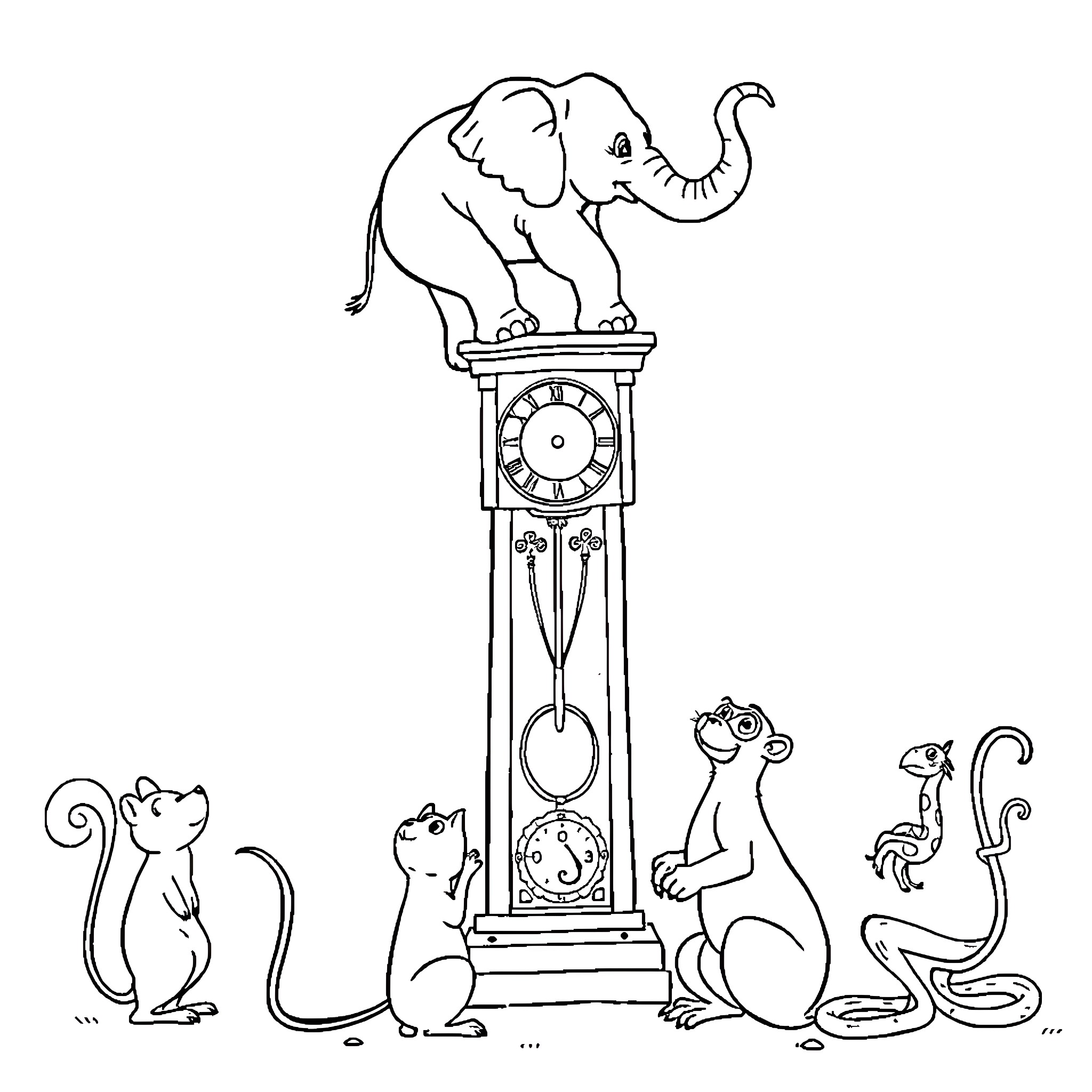 Elephant Keeping Time with Animal Friends Coloring Page (free black-and-white line drawing printable PDF for all, from beginners to advanced learners, including children, teens, adults, and seniors)