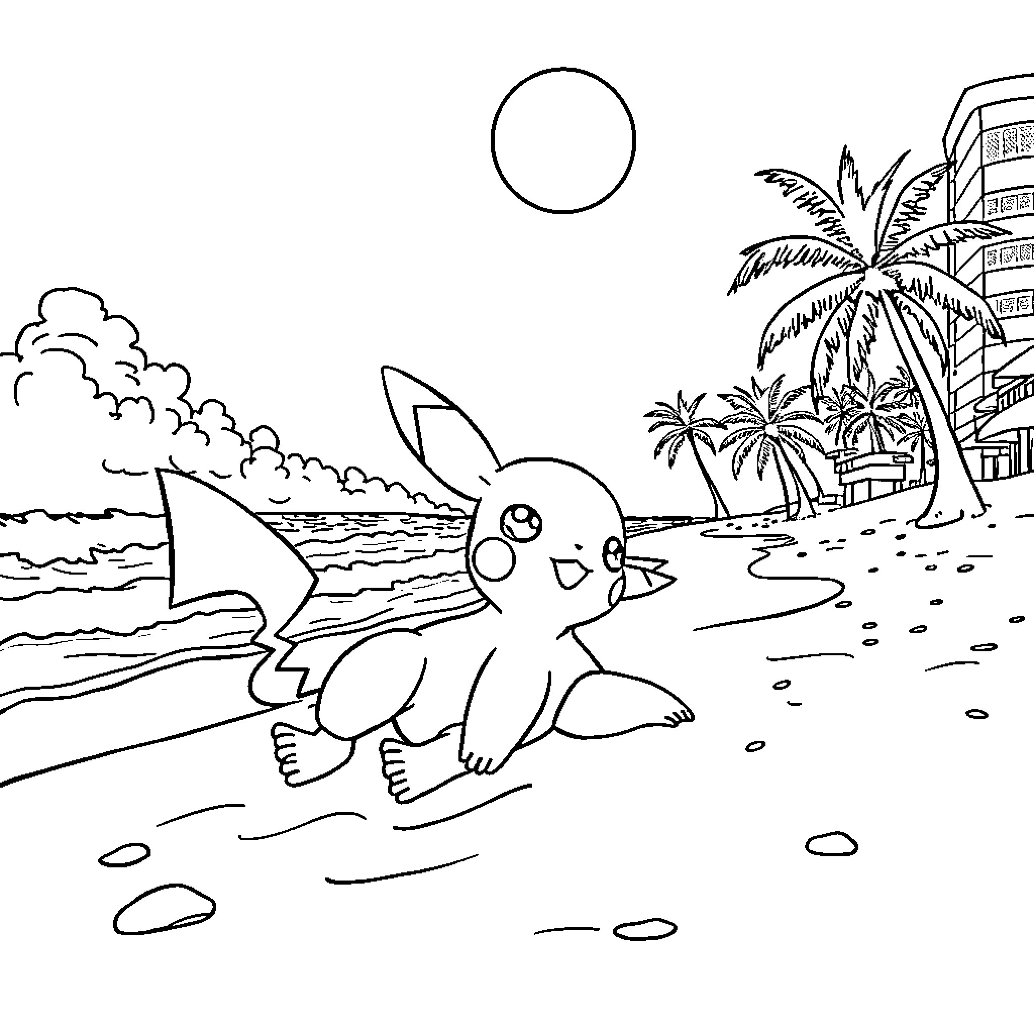 Pokémon Enjoying Beachside Adventure Coloring Page (free black-and-white line drawing printable PDF for all, from beginners to advanced learners, including children, teens, adults, and seniors)