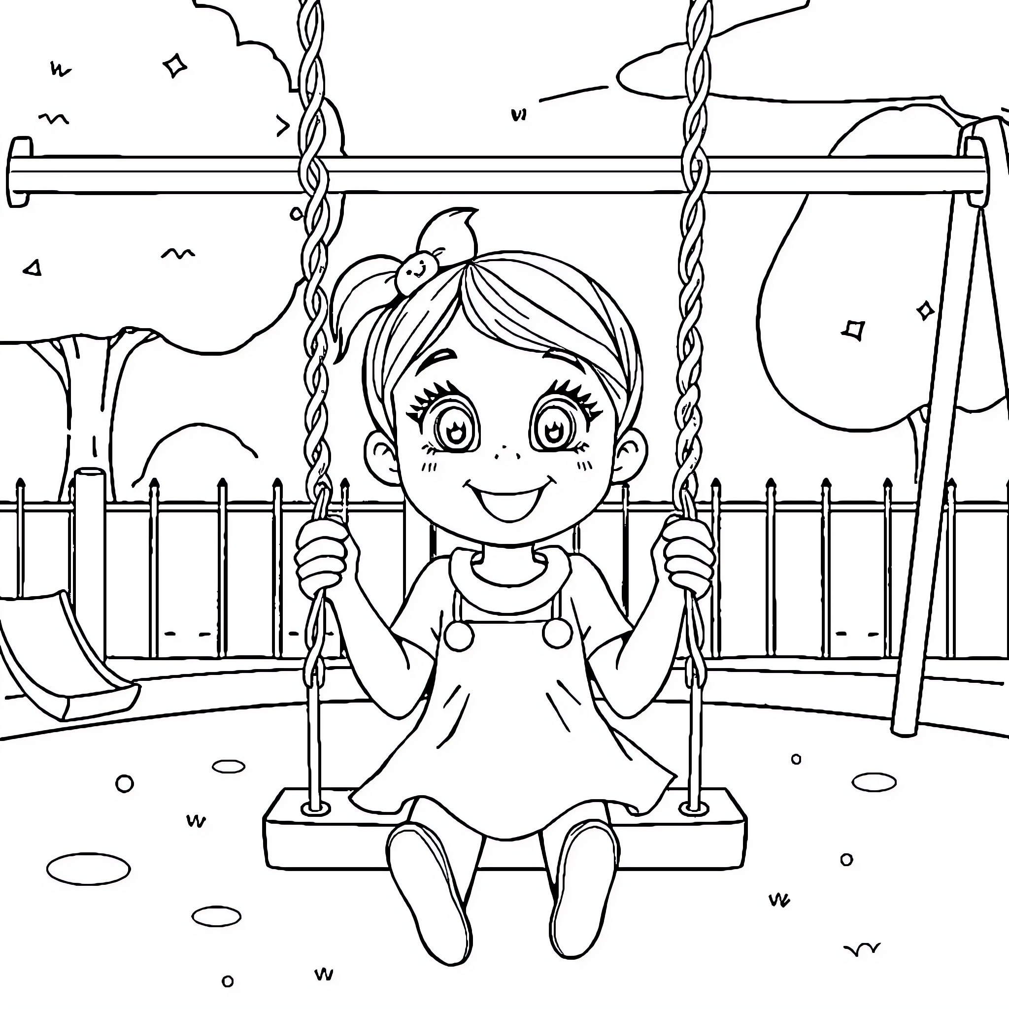 Gabby playing happily on the swings Coloring Page (free black-and-white line drawing printable PDF for all, from beginners to advanced learners, including children, teens, adults, and seniors)