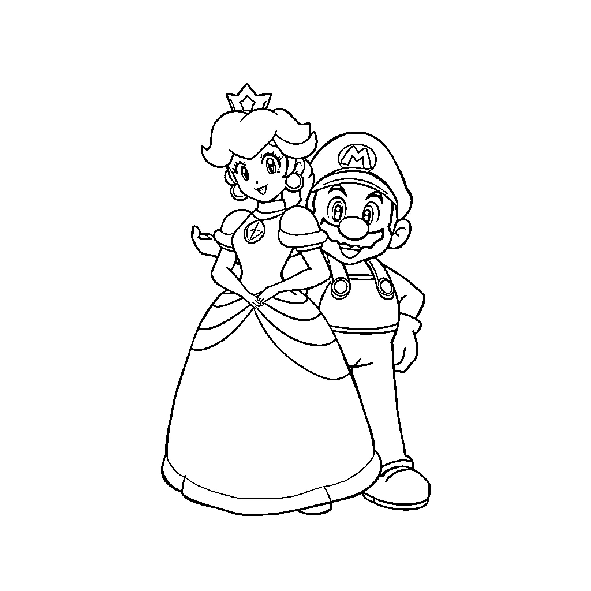 Princess and Plumber's Playful Encounter Coloring Page (free black-and-white line drawing printable PDF for all, from beginners to advanced learners, including children, teens, adults, and seniors)