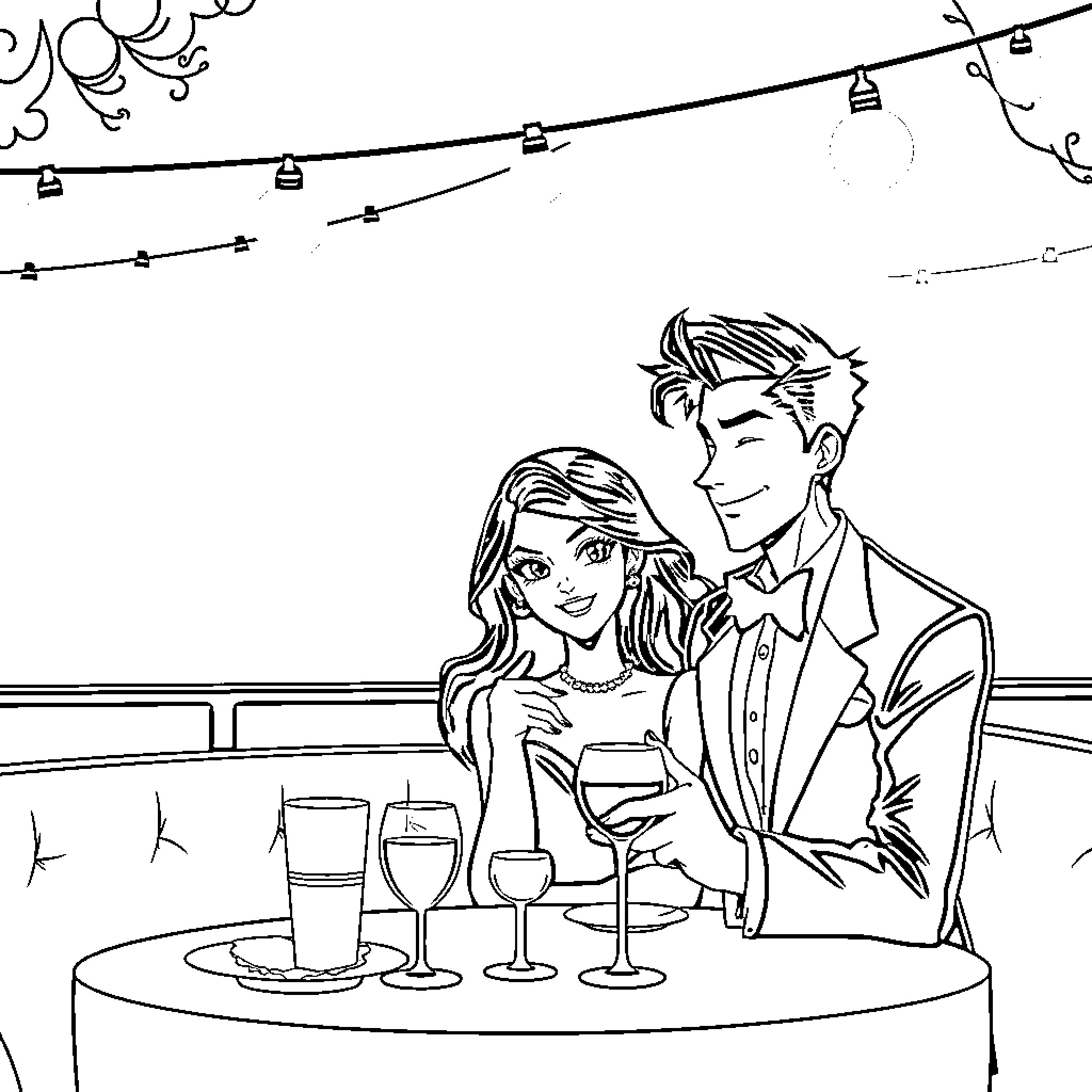 Anime Couple Enjoying a Romantic Evening Out Coloring Page (free black-and-white line drawing printable PDF for all, from beginners to advanced learners, including children, teens, adults, and seniors)