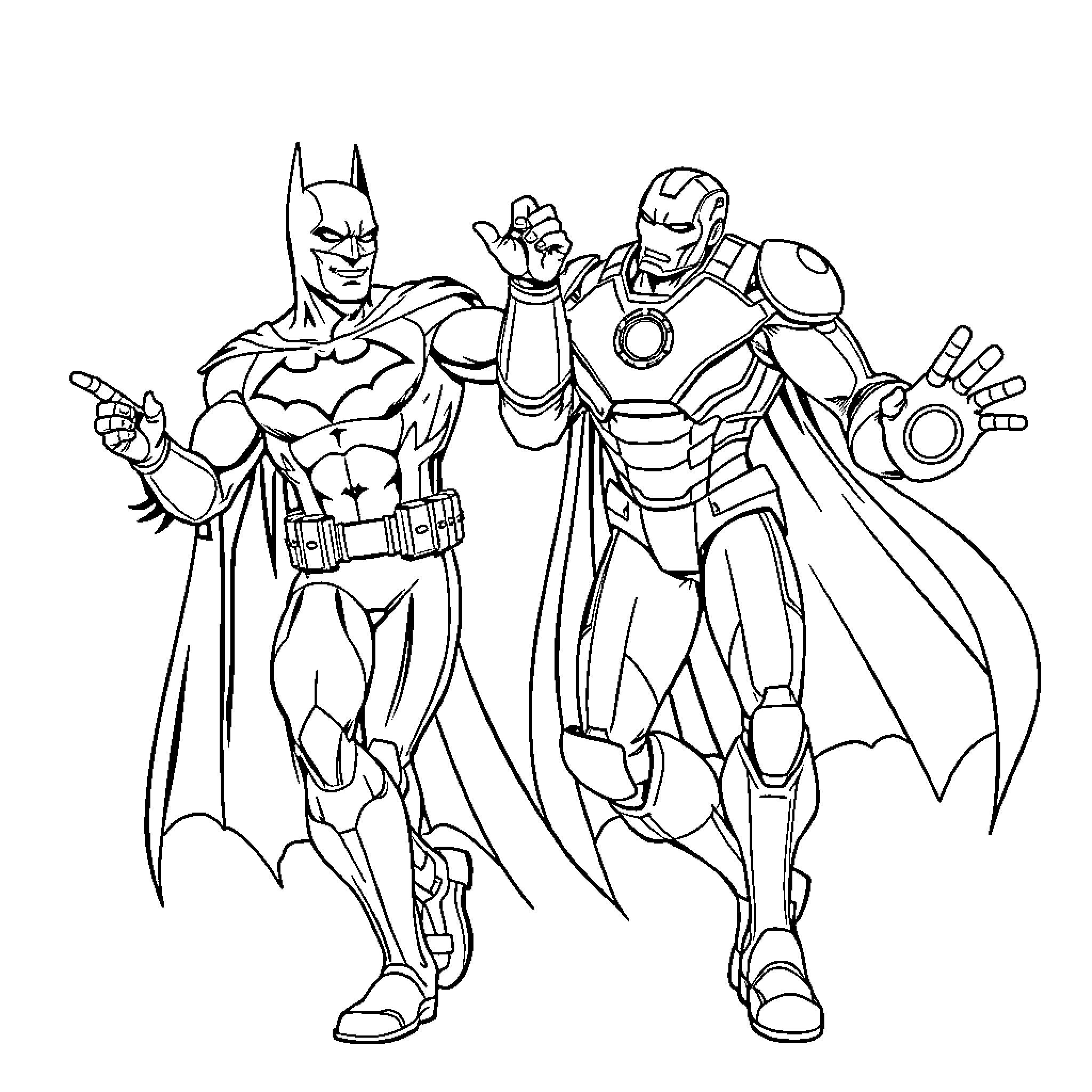 Batman, Iron Man, and Hulk in action poses Coloring Page (free black-and-white line drawing printable PDF for all, from beginners to advanced learners, including children, teens, adults, and seniors)