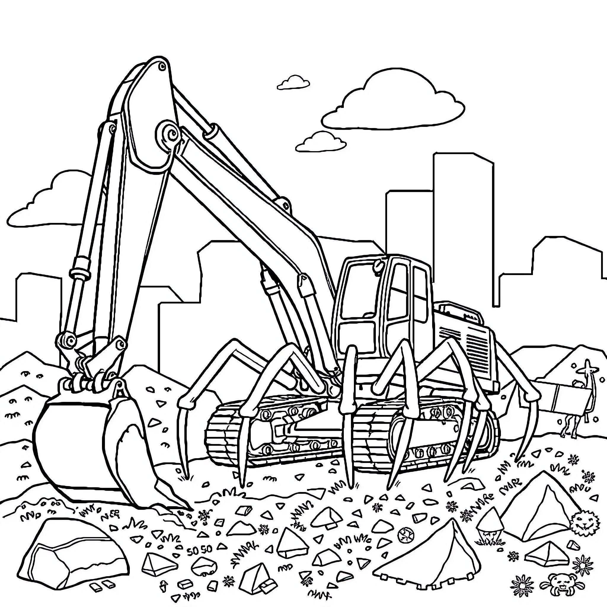 Spider Excavator digging at a construction site Coloring Page (free black-and-white line drawing printable PDF for all, from beginners to advanced learners, including children, teens, adults, and seniors)