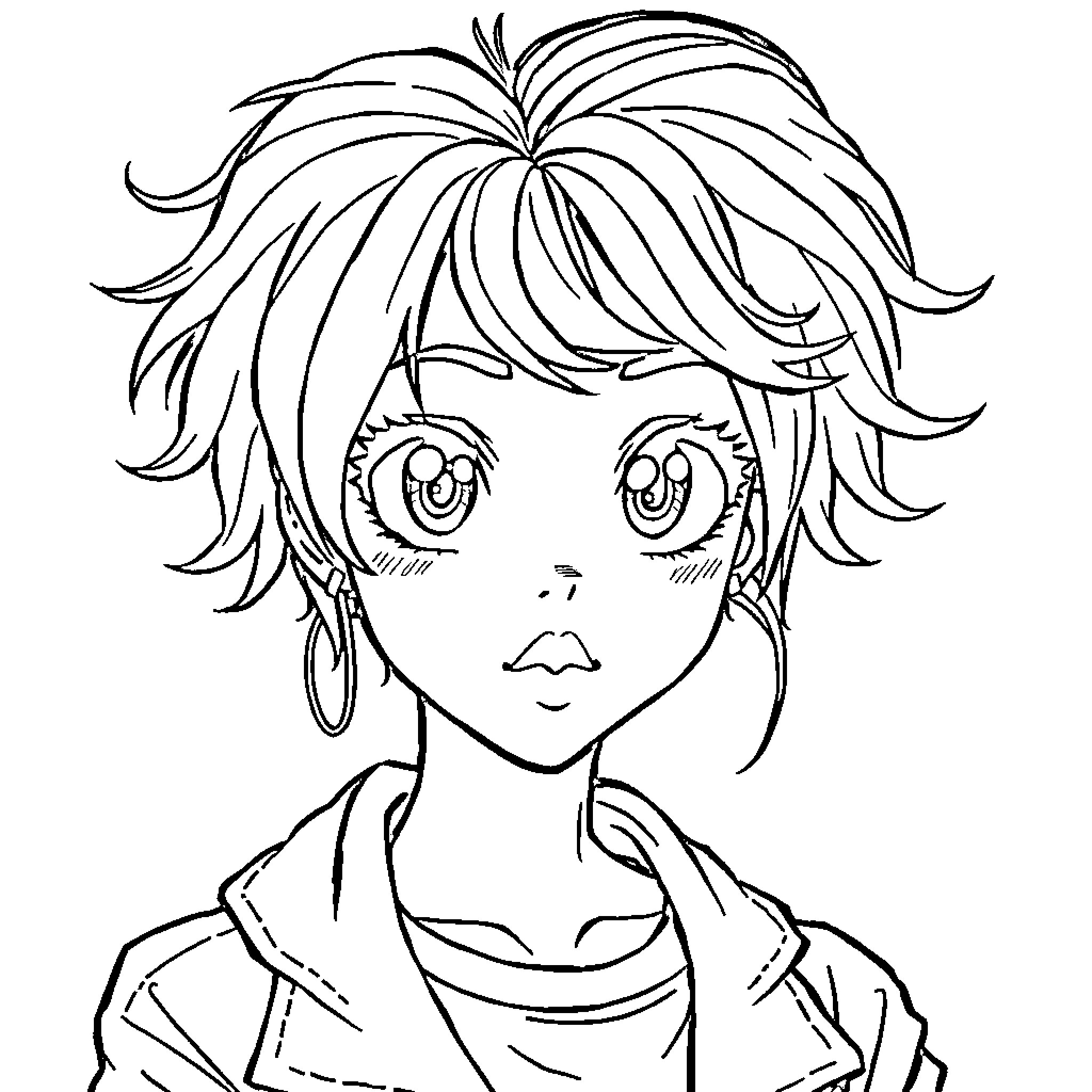 Anime Character with Expressive Facial Features Coloring Page (free black-and-white line drawing printable PDF for all, from beginners to advanced learners, including children, teens, adults, and seniors)
