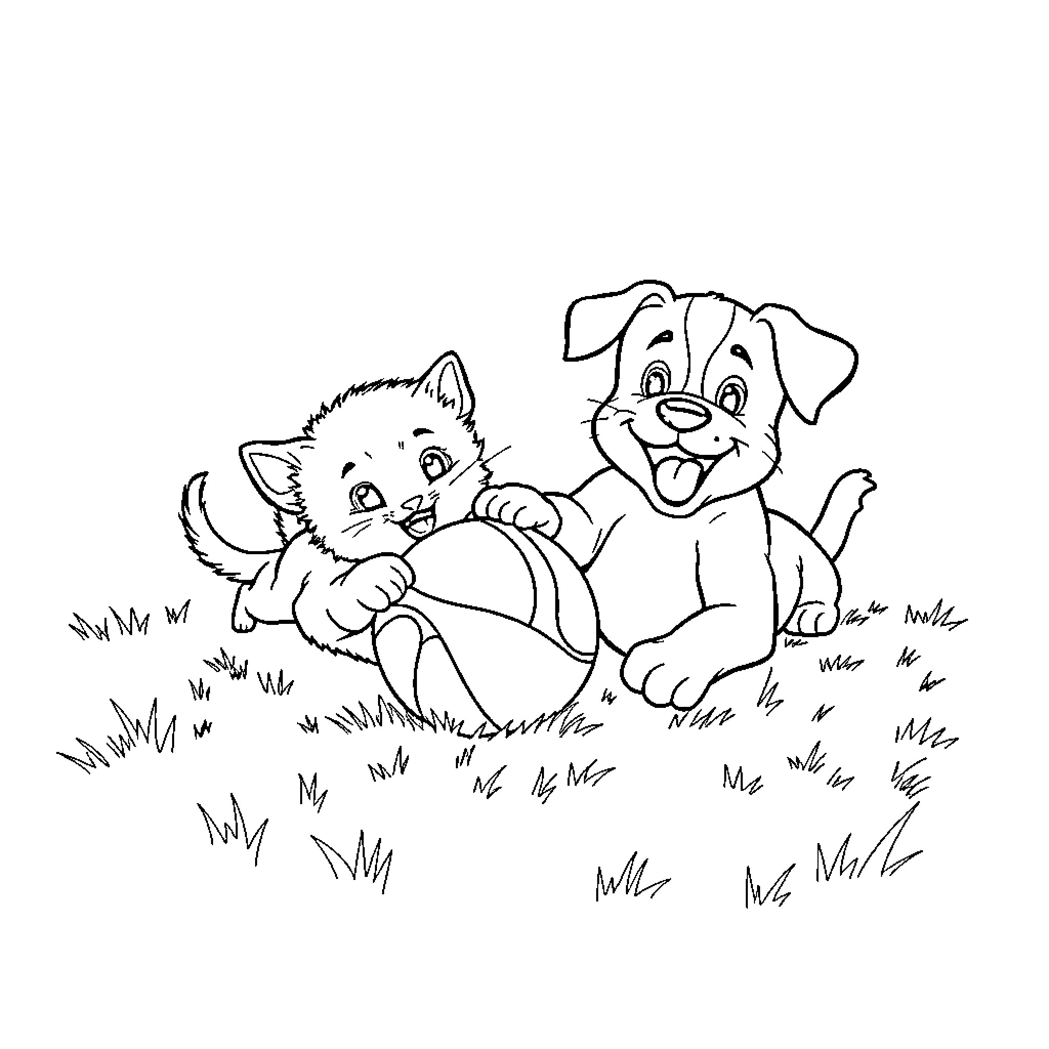 Kitten and puppy playing together in the grass Coloring Page (free black-and-white line drawing printable PDF for all, from beginners to advanced learners, including children, teens, adults, and seniors)