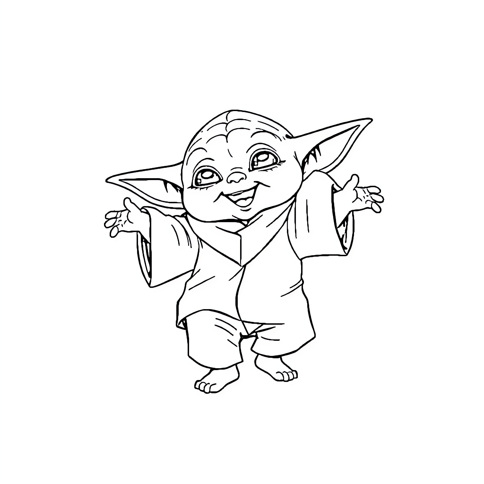 Yoda dancing joyfully in cartoon outfit Coloring Page (free black-and-white line drawing printable PDF for all, from beginners to advanced learners, including children, teens, adults, and seniors)
