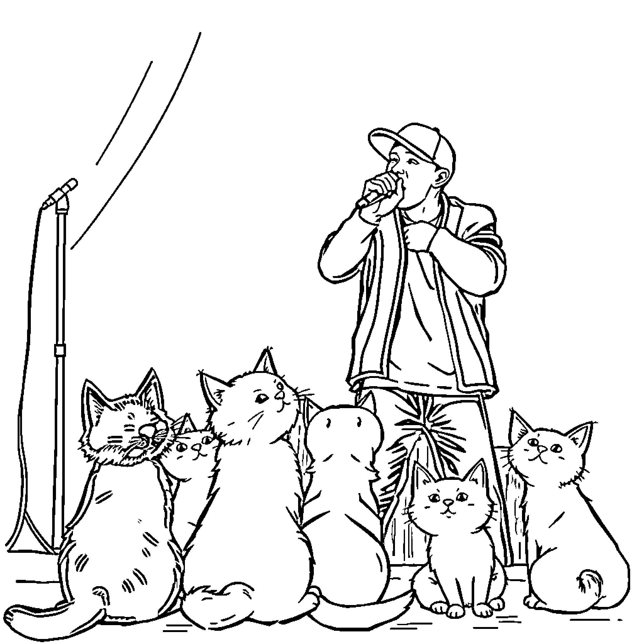 Eminem performing on stage with his feline companions Coloring Page (free black-and-white line drawing printable PDF for all, from beginners to advanced learners, including children, teens, adults, and seniors)