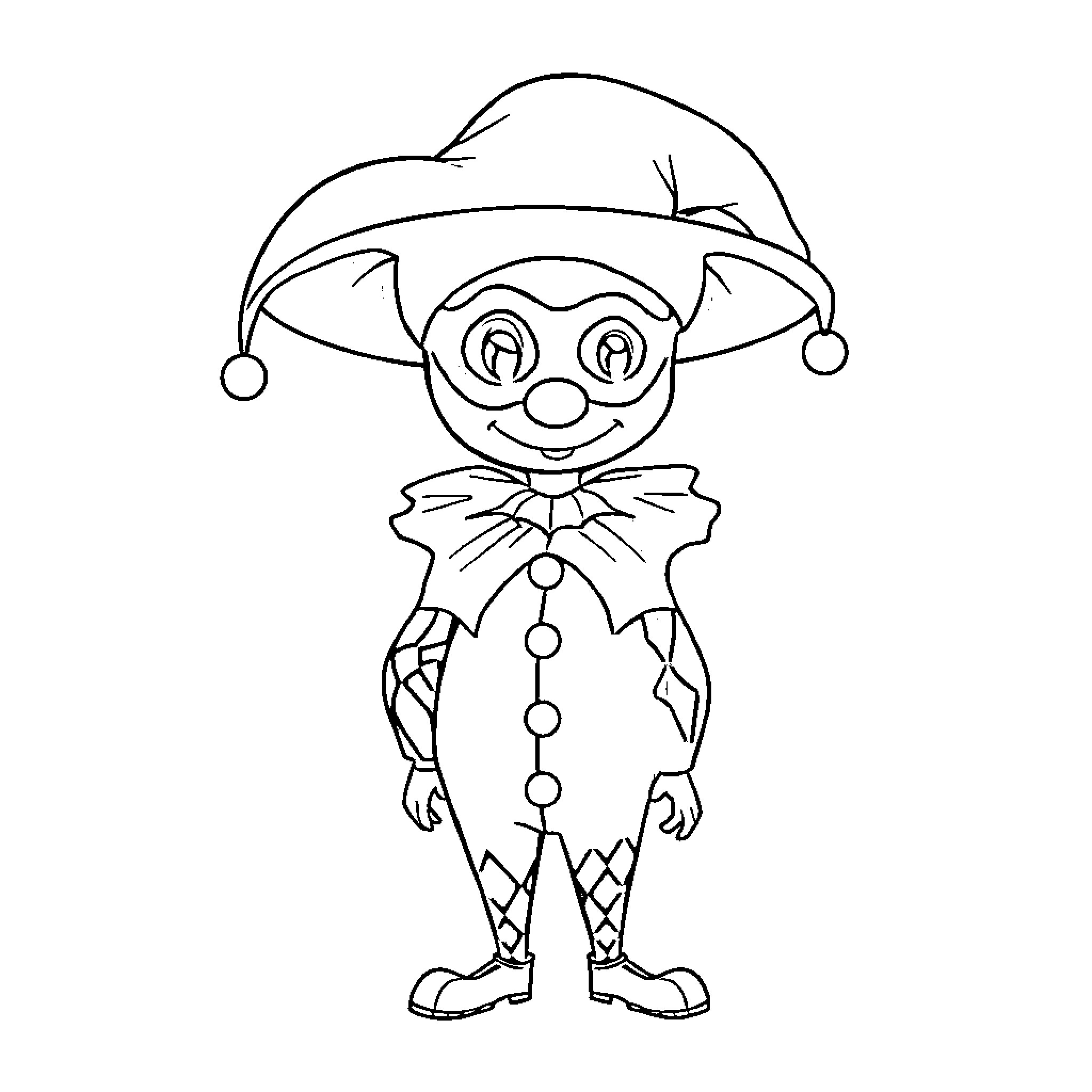 Arlequin the Jester in Whimsical Attire Coloring Page (free black-and-white line drawing printable PDF for all, from beginners to advanced learners, including children, teens, adults, and seniors)