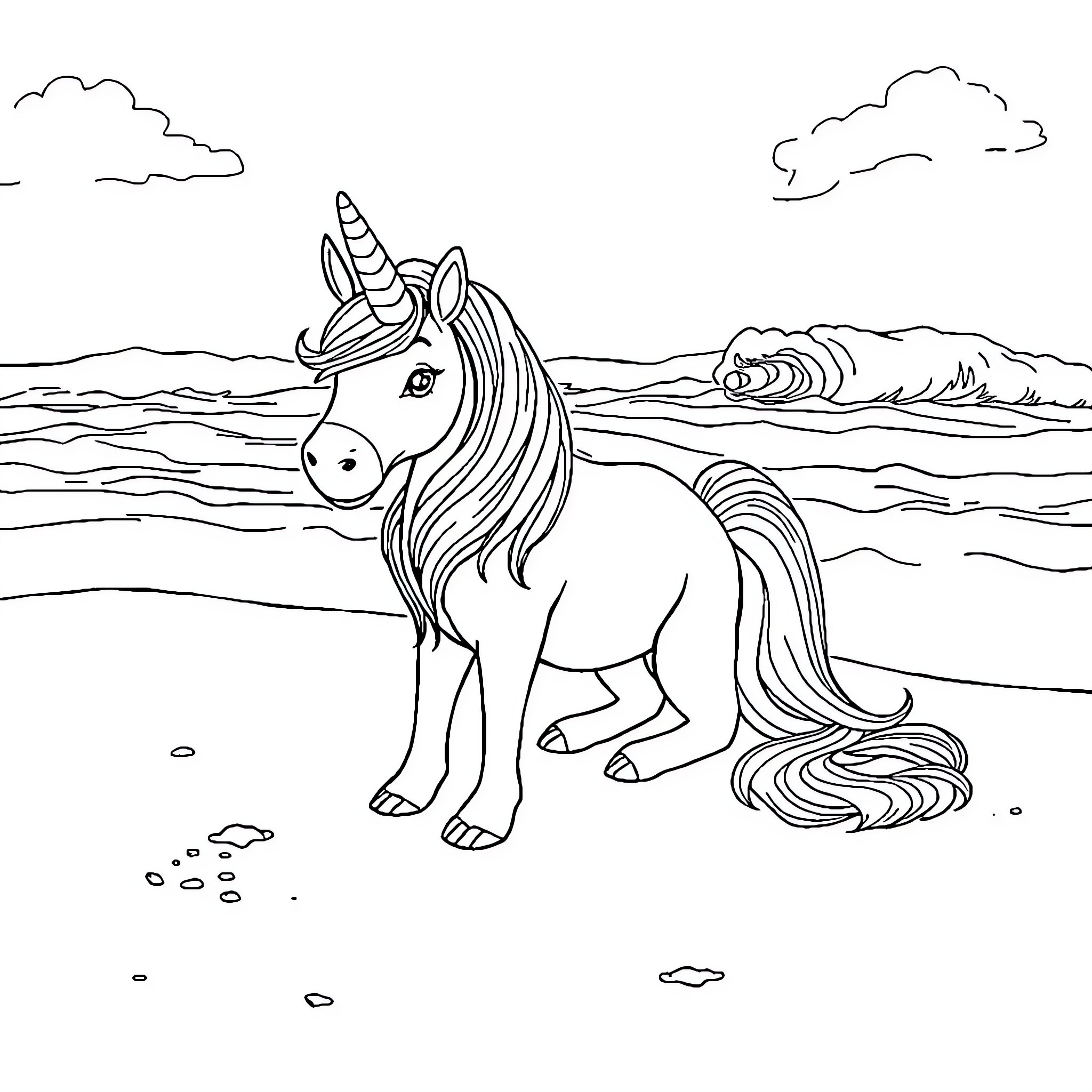 Unicorn relaxing by the ocean Coloring Page (free black-and-white line drawing printable PDF for all, from beginners to advanced learners, including children, teens, adults, and seniors)