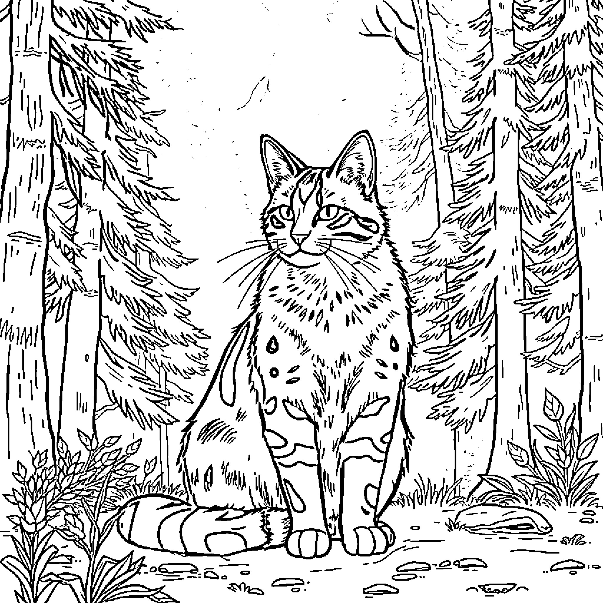 Cat in a Forested Scene Coloring Page (free black-and-white line drawing printable PDF for all, from beginners to advanced learners, including children, teens, adults, and seniors)