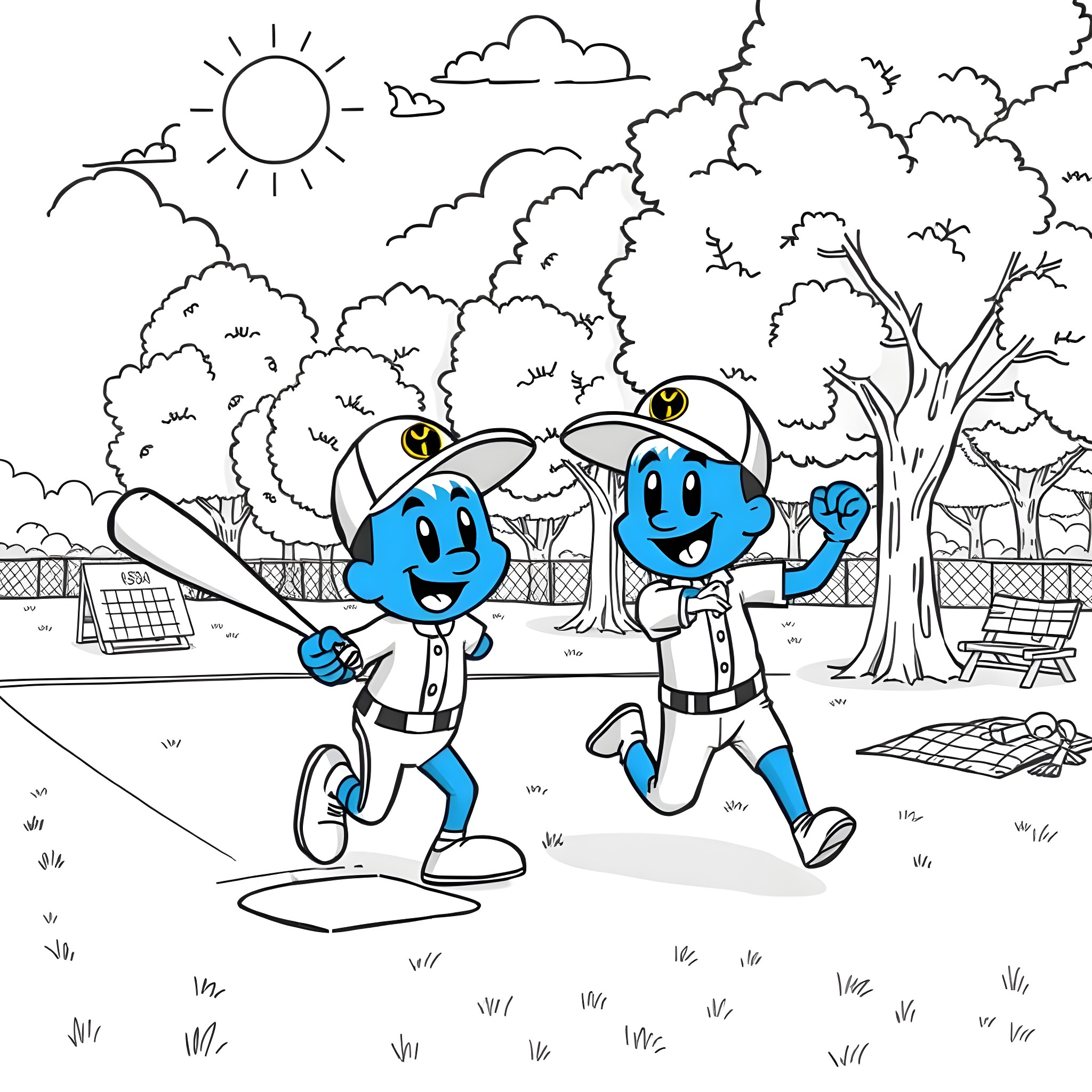 Bluey characters playing in the park Coloring Page (free black-and-white line drawing printable PDF for all, from beginners to advanced learners, including children, teens, adults, and seniors)