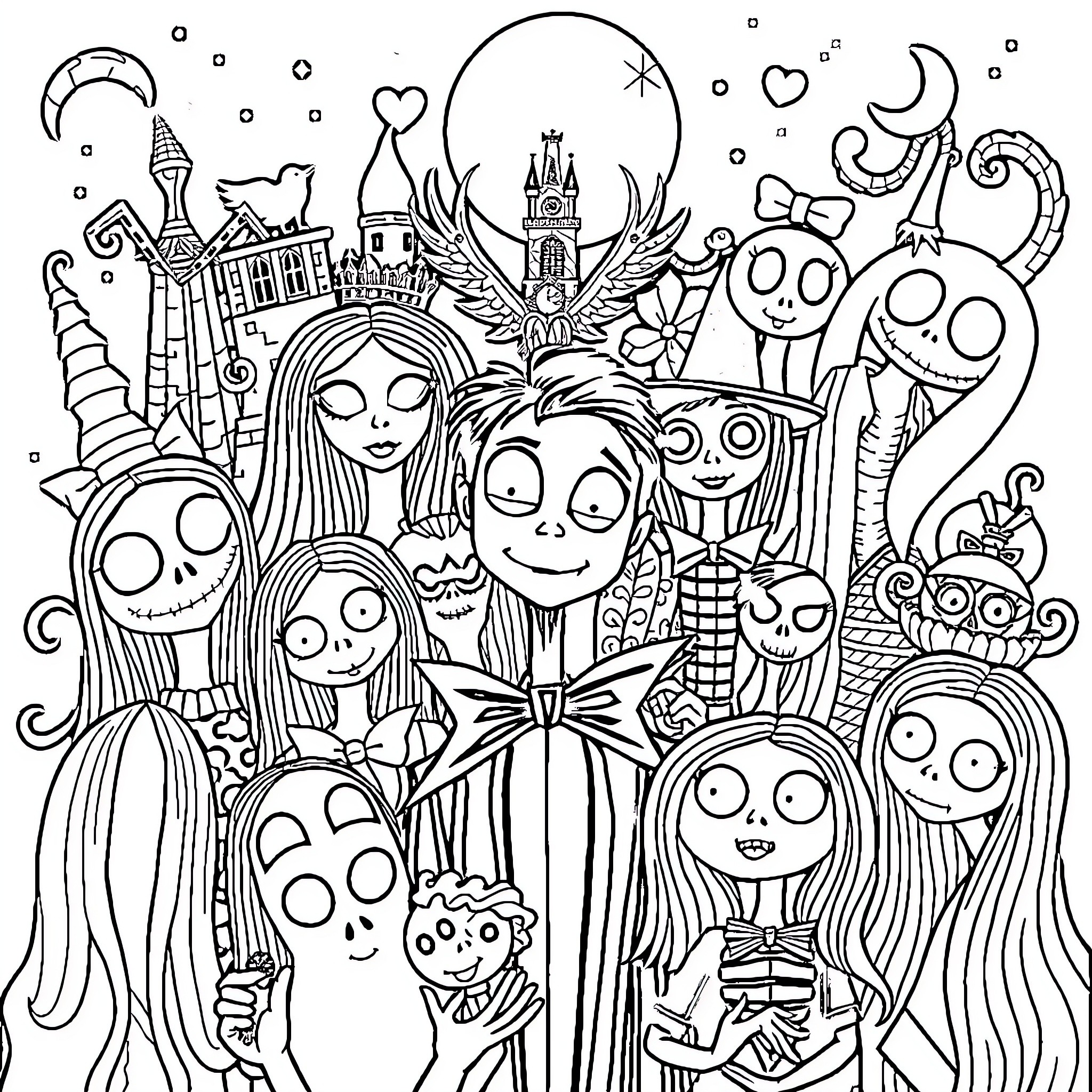 Tim Burton's Whimsical and Eccentric Characters in Fantastical Scenes Coloring Page (free black-and-white line drawing printable PDF for all, from beginners to advanced learners, including children, teens, adults, and seniors)
