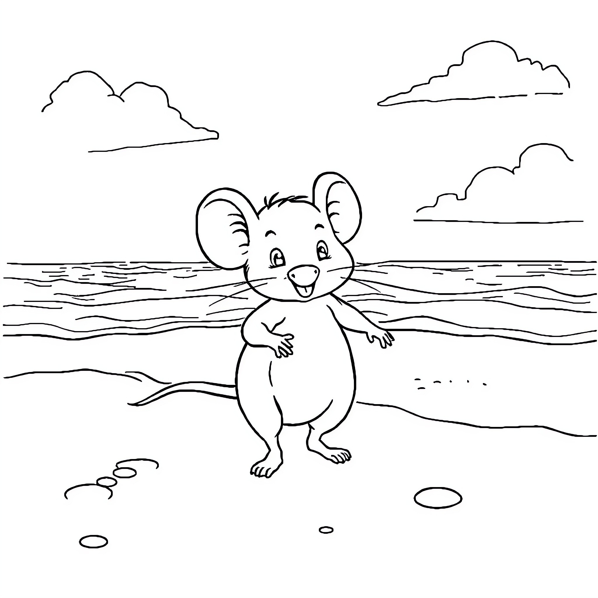 Mouse relaxing on the beach Coloring Page (free black-and-white line drawing printable PDF for all, from beginners to advanced learners, including children, teens, adults, and seniors)