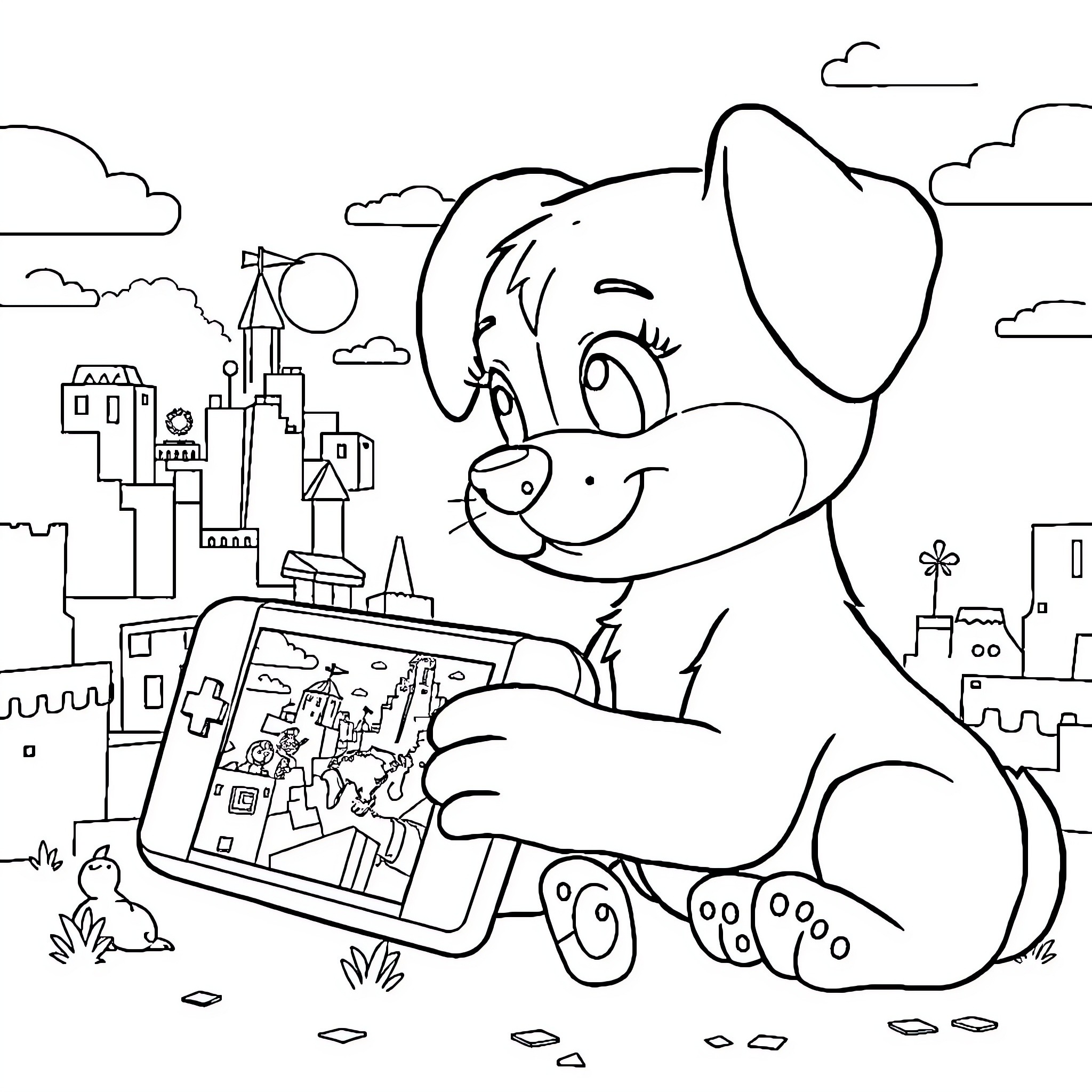 Bluey exploring the city with a tablet Coloring Page (free black-and-white line drawing printable PDF for all, from beginners to advanced learners, including children, teens, adults, and seniors)