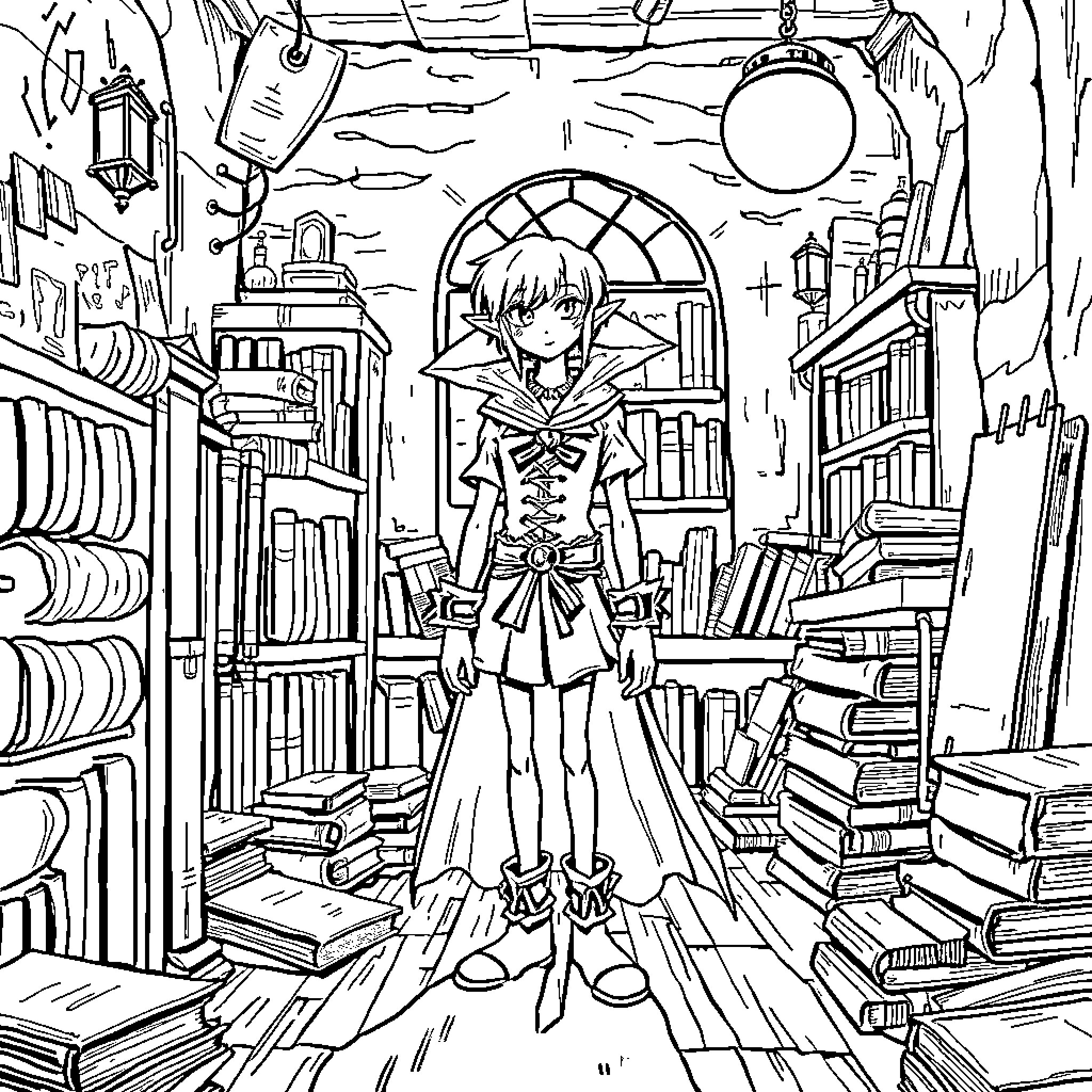 Liob's Magical Library Adventure Coloring Page (free black-and-white line drawing printable PDF for all, from beginners to advanced learners, including children, teens, adults, and seniors)