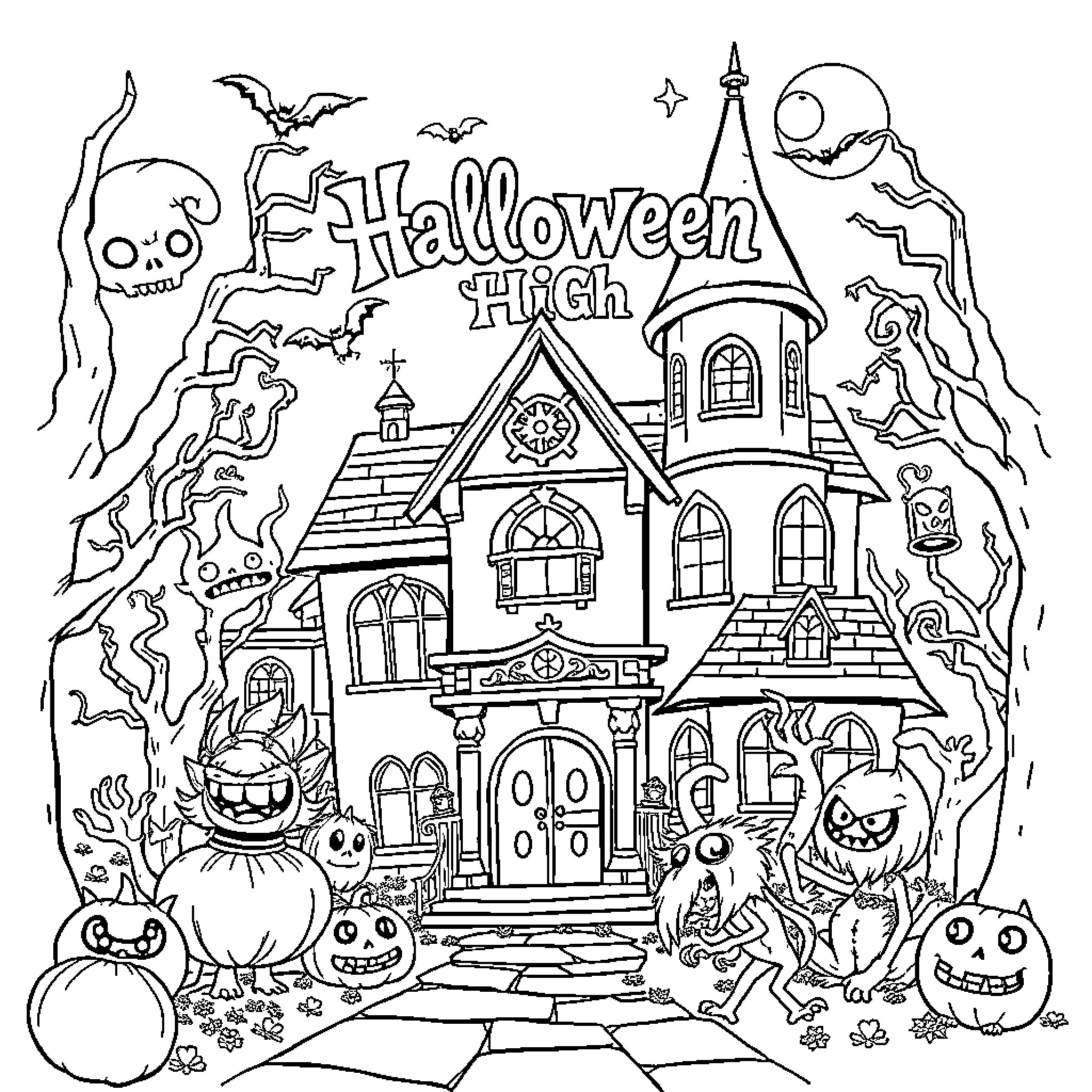 Halloweentown haunted house with spooky creatures Coloring Page (free black-and-white line drawing printable PDF for all, from beginners to advanced learners, including children, teens, adults, and seniors)