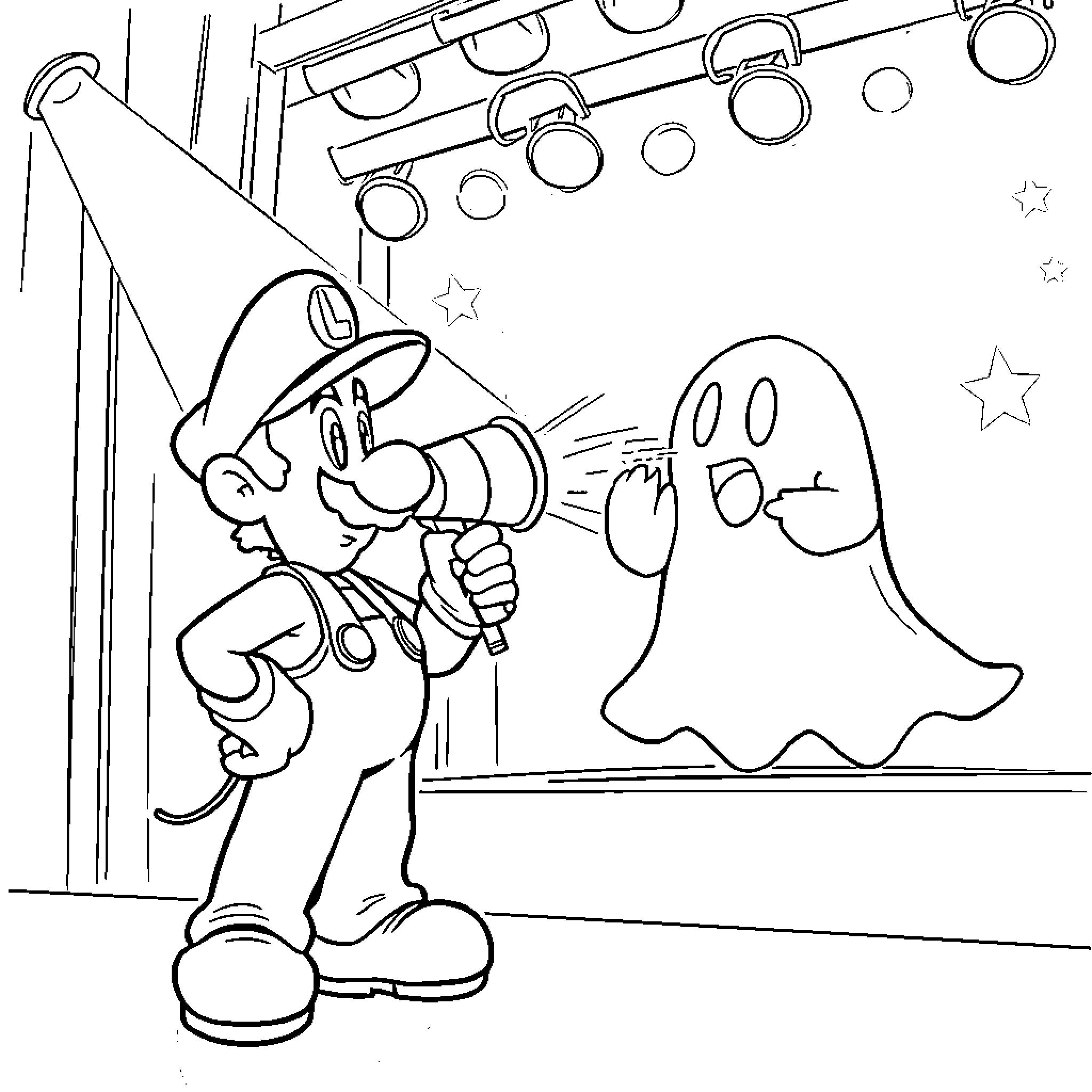 Luigi Encounters a Ghostly Surprise Coloring Page (free black-and-white line drawing printable PDF for all, from beginners to advanced learners, including children, teens, adults, and seniors)
