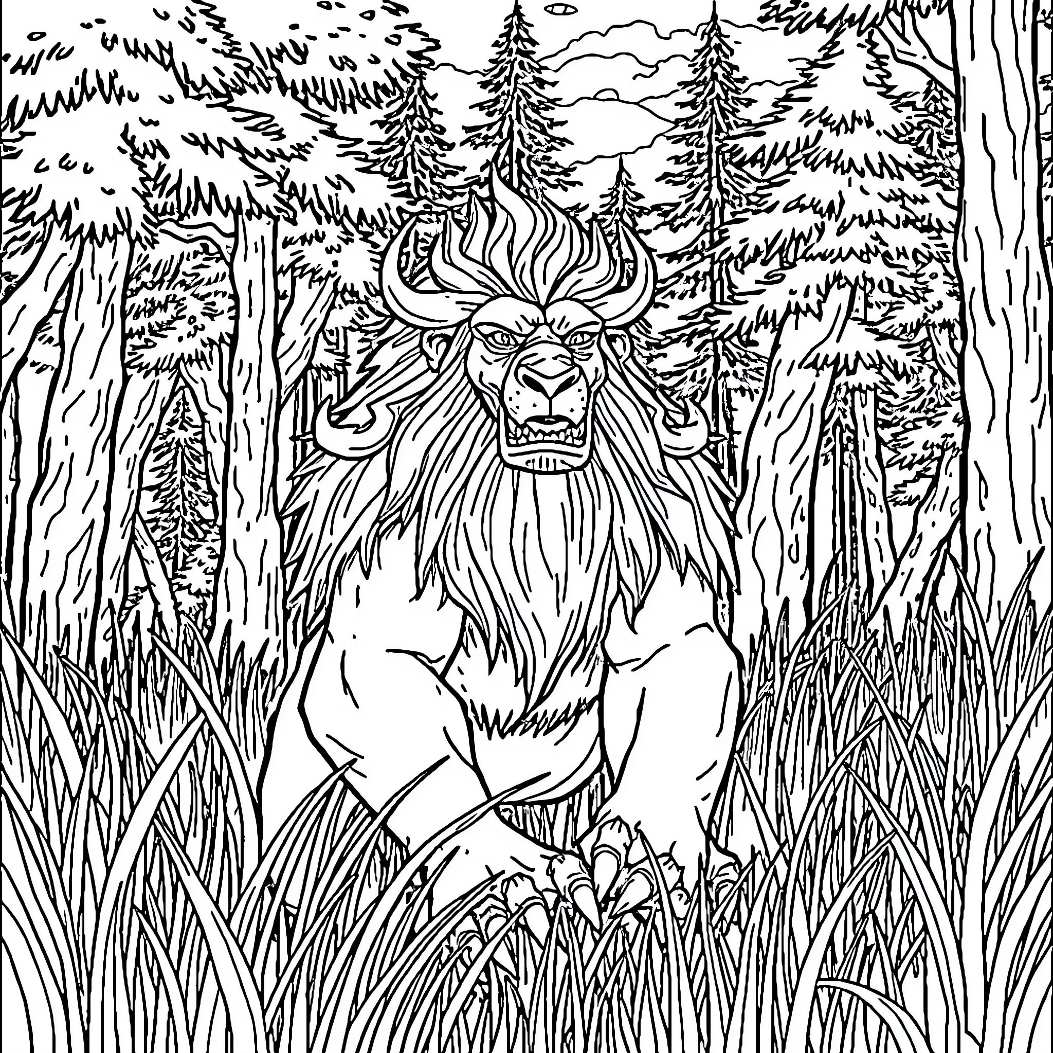 Nebuchadnezzar's Fierce Creature in the Enchanted Forest Coloring Page (free black-and-white line drawing printable PDF for all, from beginners to advanced learners, including children, teens, adults, and seniors)