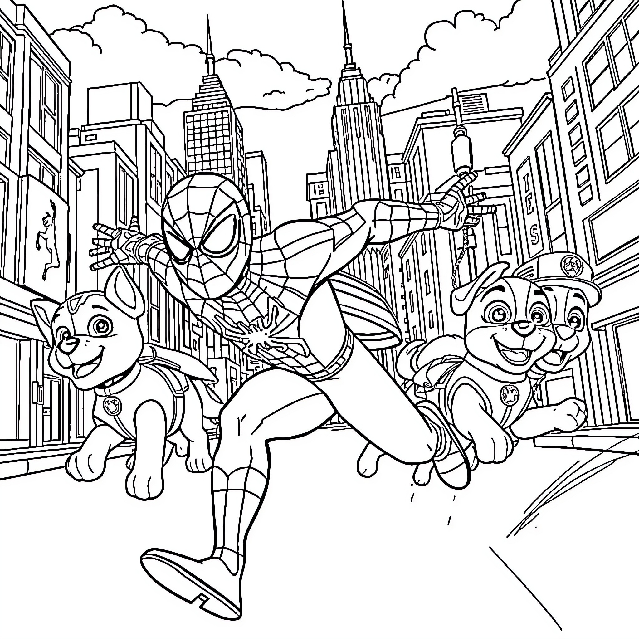 Spiderman swinging through the city with dogs Coloring Page (free black-and-white line drawing printable PDF for all, from beginners to advanced learners, including children, teens, adults, and seniors)