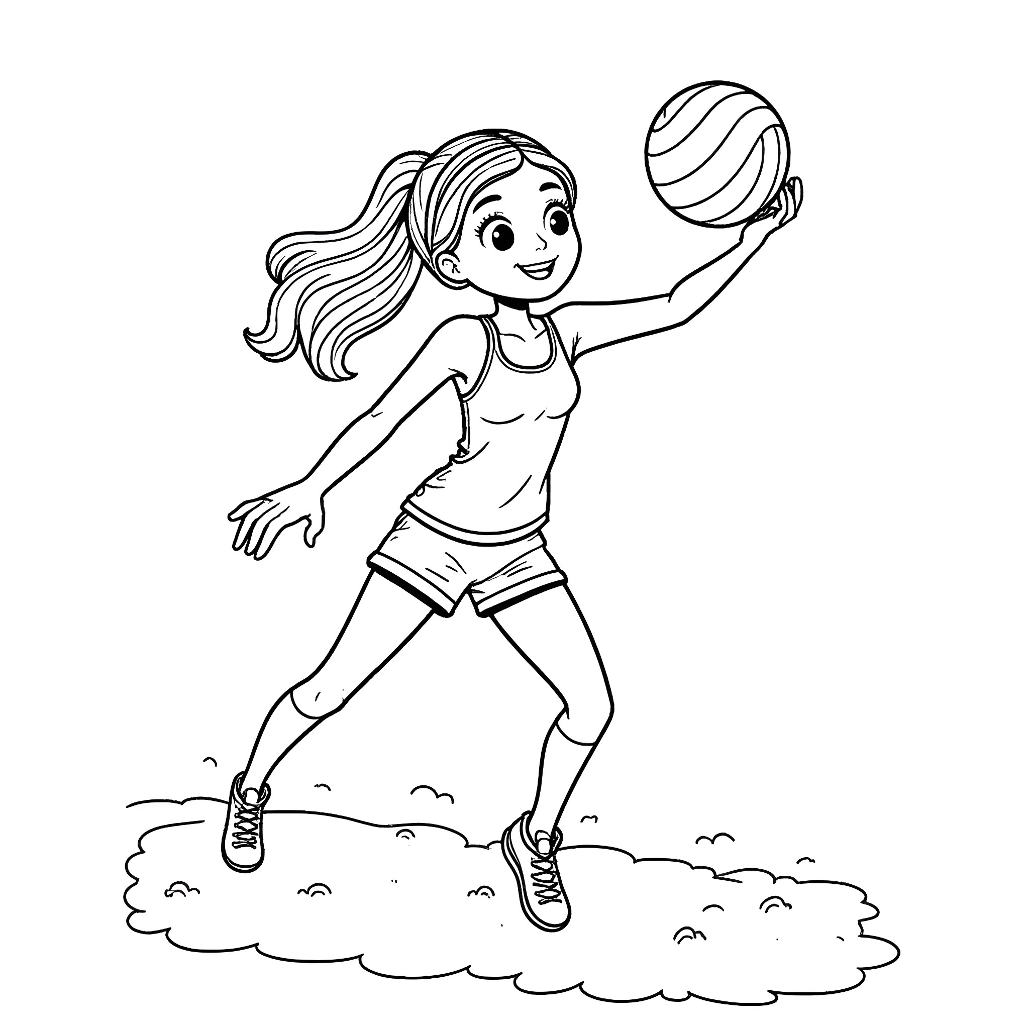 Waifu playing volleyball in sports uniform Coloring Page (free black-and-white line drawing printable PDF for all, from beginners to advanced learners, including children, teens, adults, and seniors)