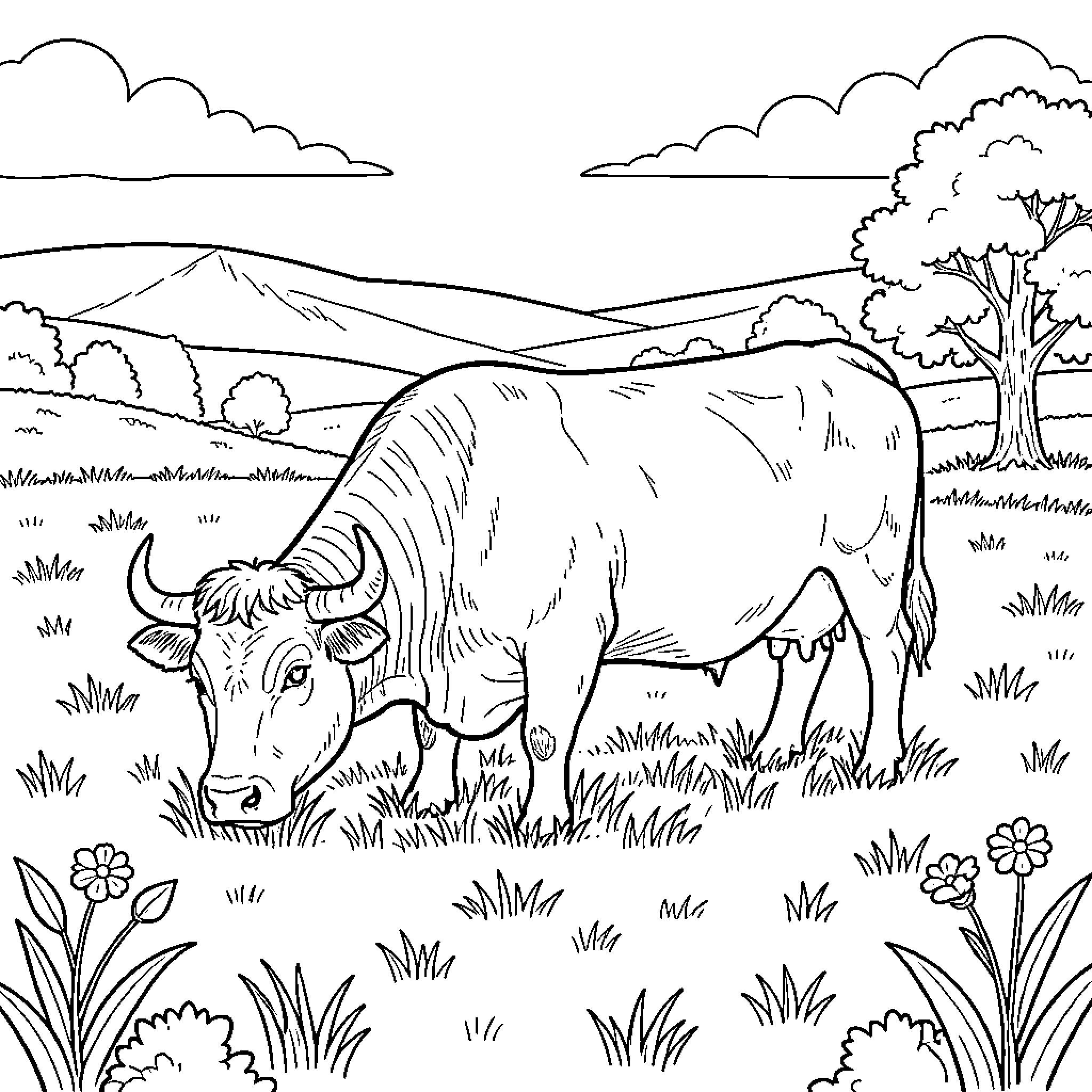 Highland Cow grazing in a serene countryside landscape Coloring Page (free black-and-white line drawing printable PDF for all, from beginners to advanced learners, including children, teens, adults, and seniors)
