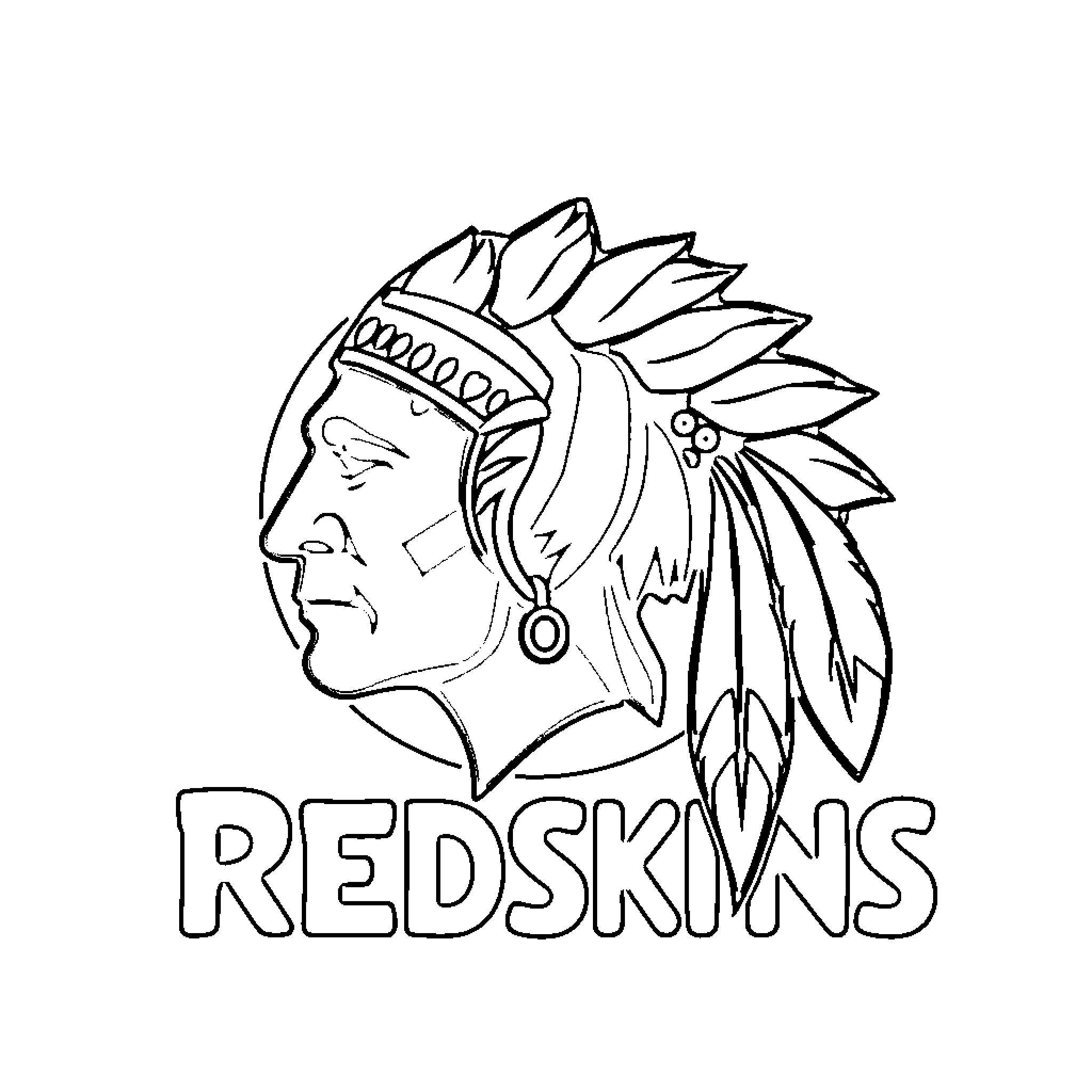 Redskins Logo with Native American Warrior Headgear Coloring Page (free black-and-white line drawing printable PDF for all, from beginners to advanced learners, including children, teens, adults, and seniors)