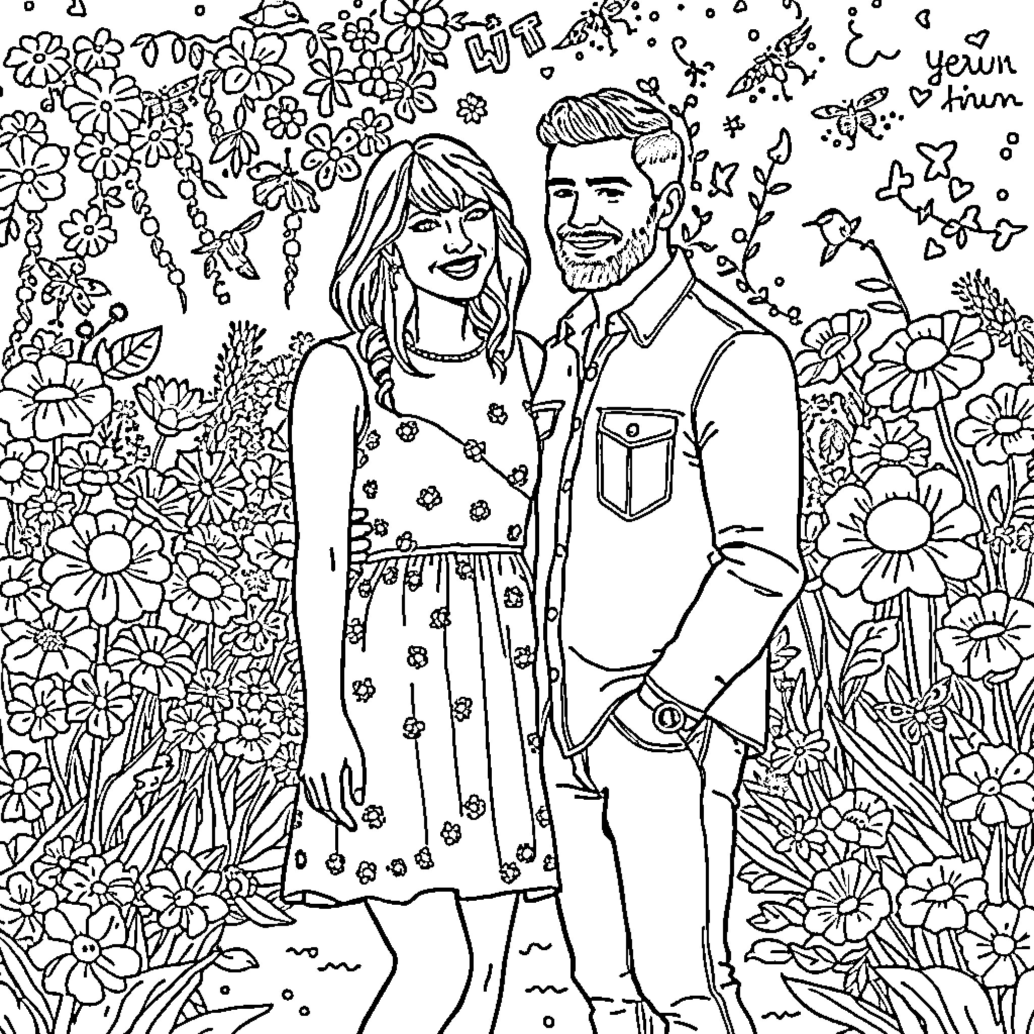 Engagement in a Floral Garden Coloring Page (free black-and-white line drawing printable PDF for all, from beginners to advanced learners, including children, teens, adults, and seniors)