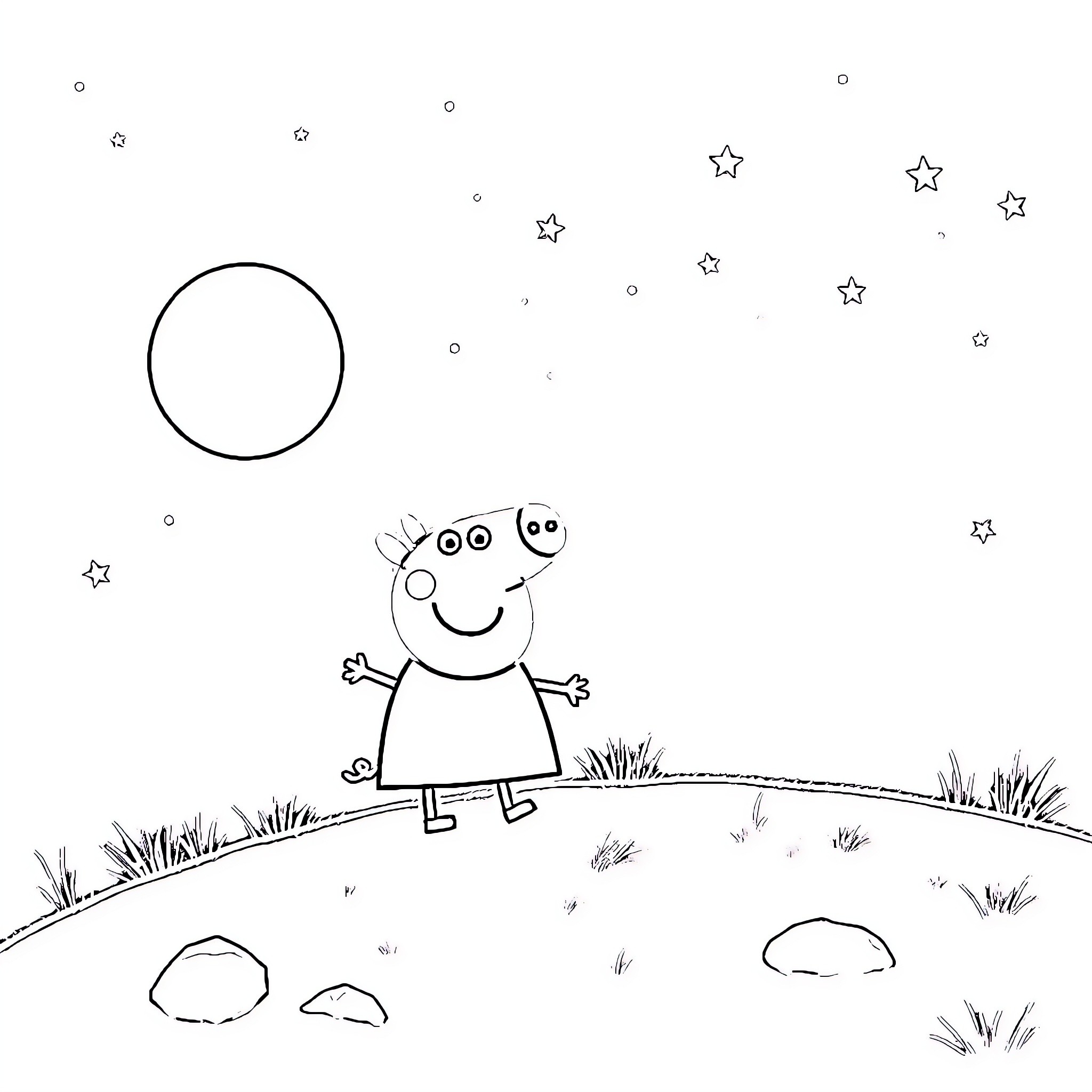 Peppa Pig joyfully exploring the starry night Coloring Page (free black-and-white line drawing printable PDF for all, from beginners to advanced learners, including children, teens, adults, and seniors)