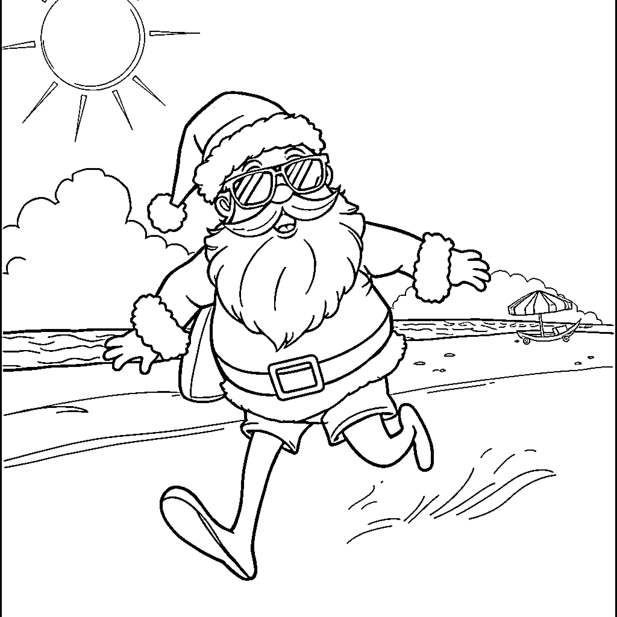 Santa Claus enjoying a sunny day at the beach Coloring Page (free black-and-white line drawing printable PDF for all, from beginners to advanced learners, including children, teens, adults, and seniors)