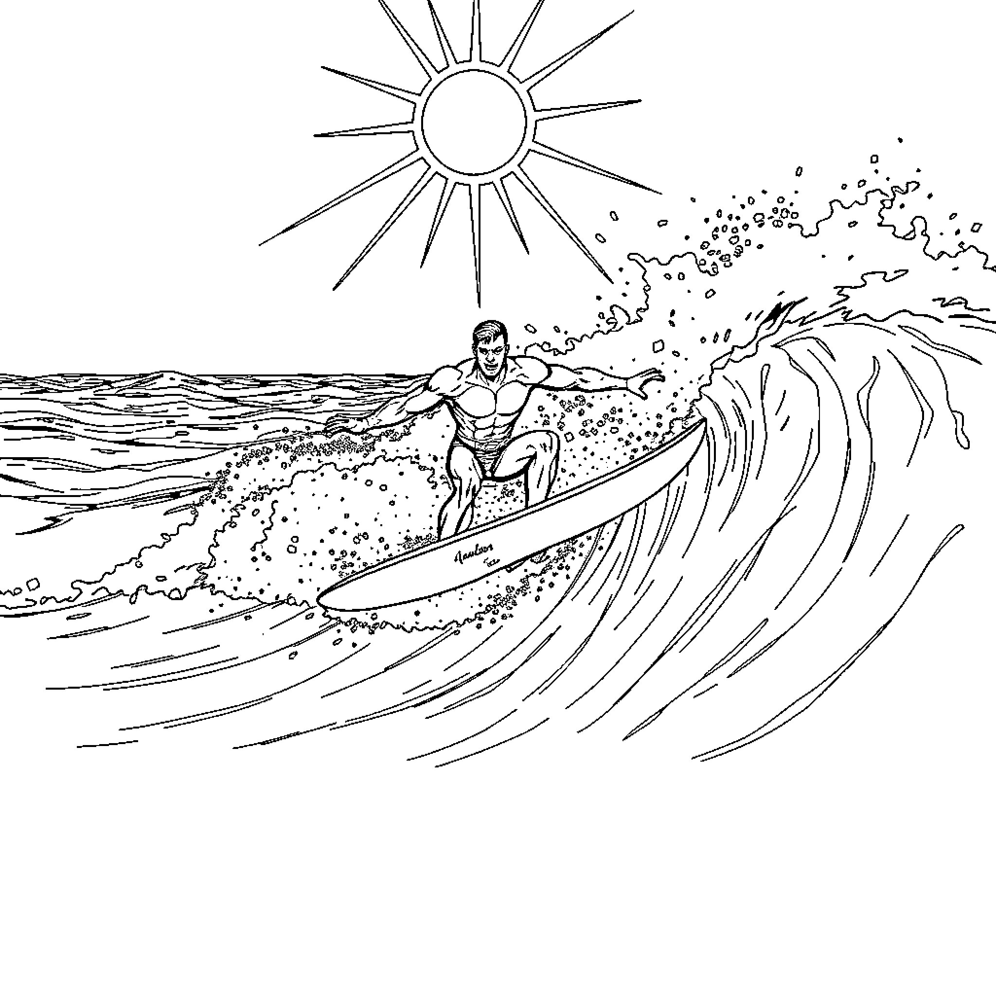 Namor surfing through powerful waves under the sun Coloring Page (free black-and-white line drawing printable PDF for all, from beginners to advanced learners, including children, teens, adults, and seniors)