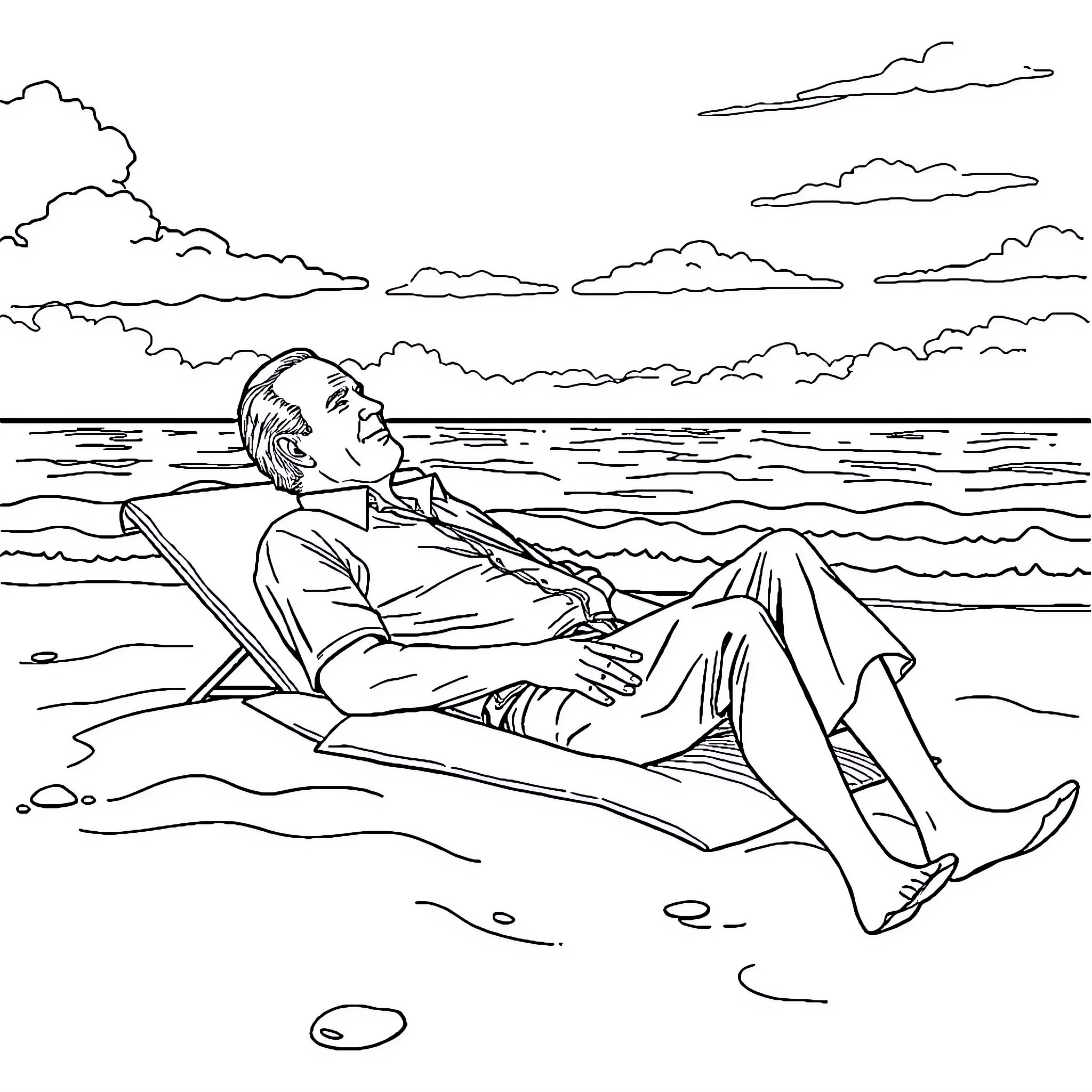 Joe Biden relaxing on the beach Coloring Page (free black-and-white line drawing printable PDF for all, from beginners to advanced learners, including children, teens, adults, and seniors)