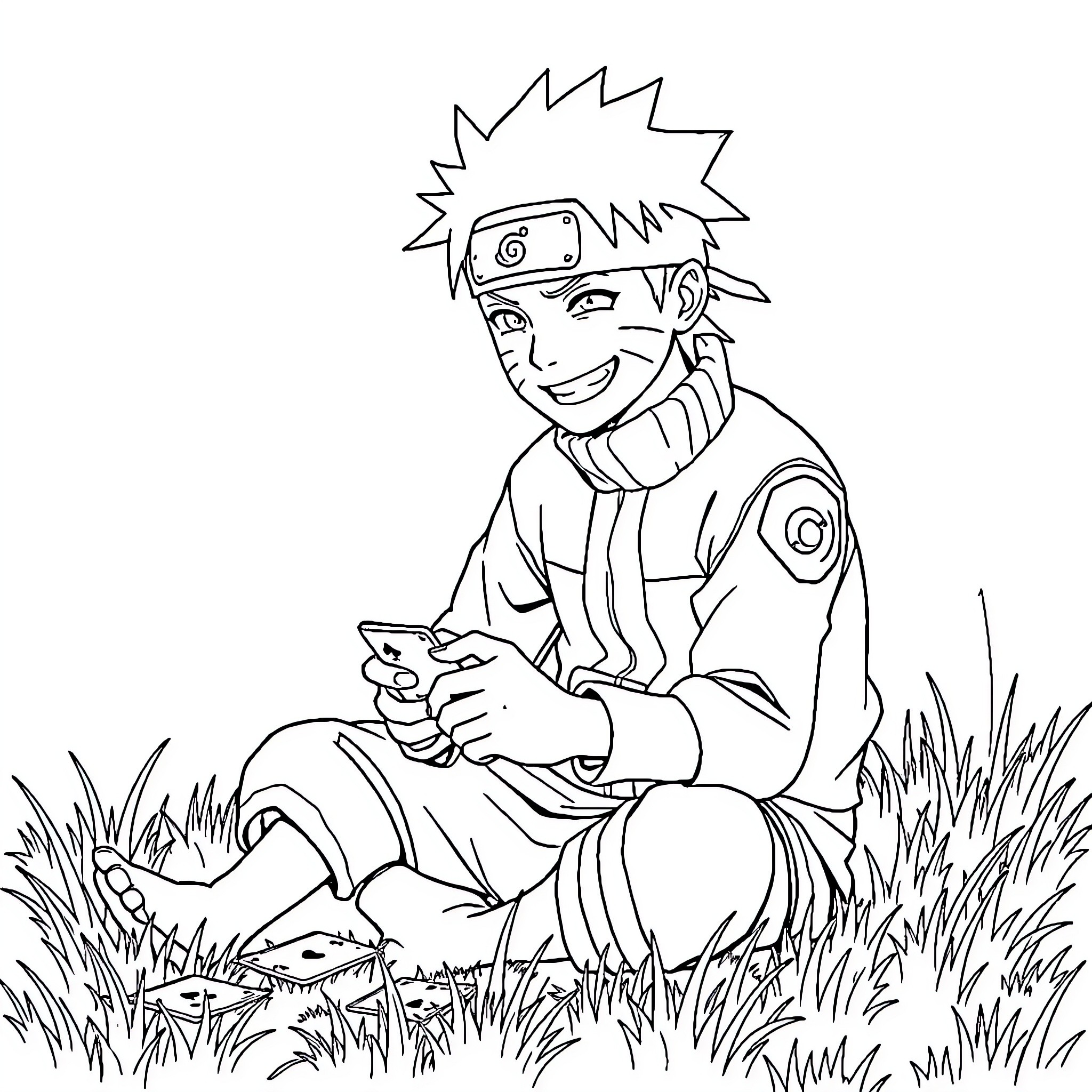 Naruto sitting in the grass with a friendly expression Coloring Page (free black-and-white line drawing printable PDF for all, from beginners to advanced learners, including children, teens, adults, and seniors)