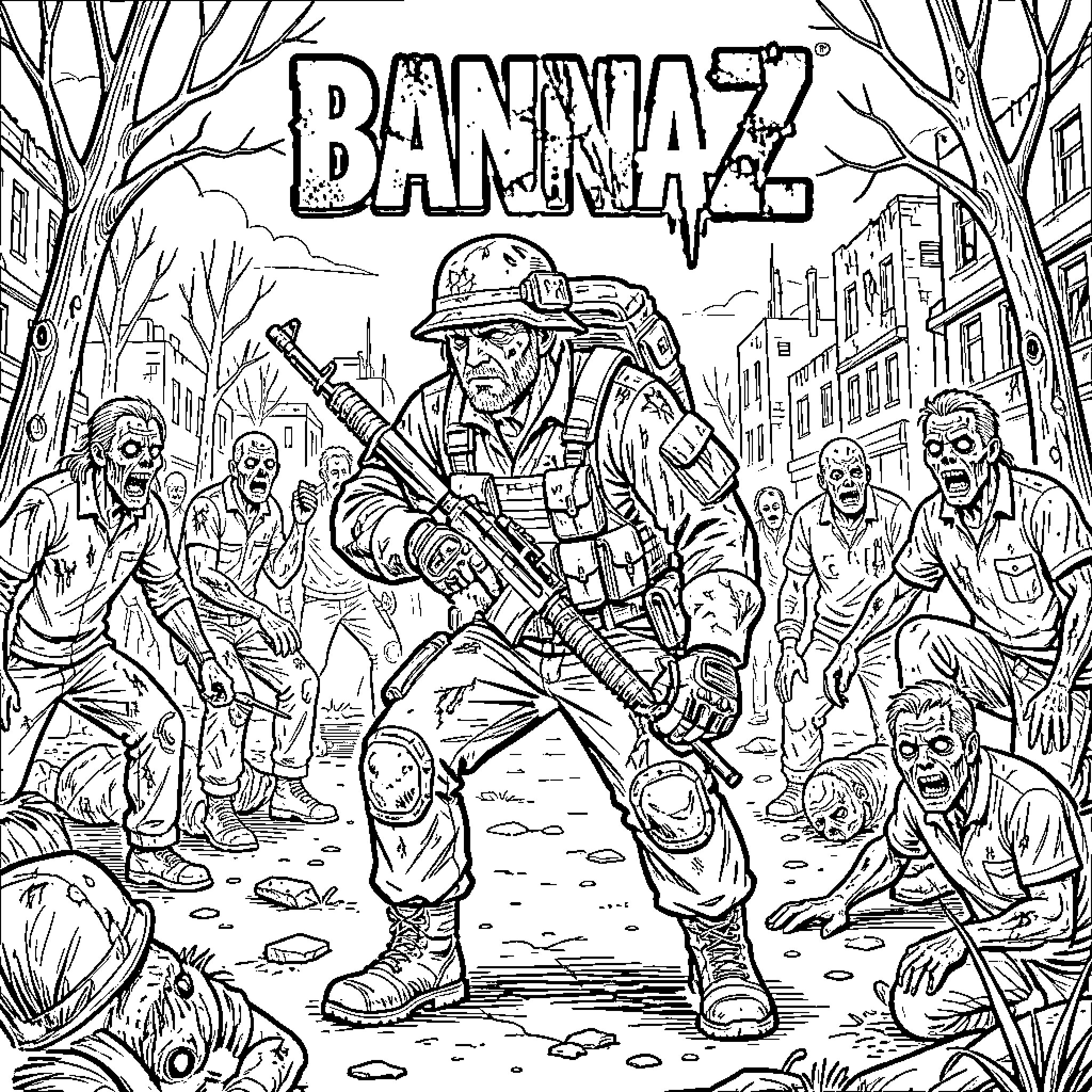 BananaZ Armed Soldier Amid Zombie Hordes Coloring Page (free black-and-white line drawing printable PDF for all, from beginners to advanced learners, including children, teens, adults, and seniors)