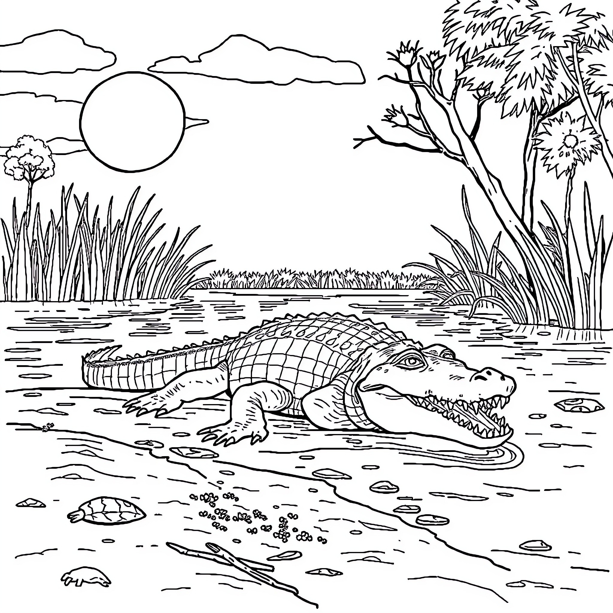 Crocodile swimming in the river near the shore Coloring Page (free black-and-white line drawing printable PDF for all, from beginners to advanced learners, including children, teens, adults, and seniors)