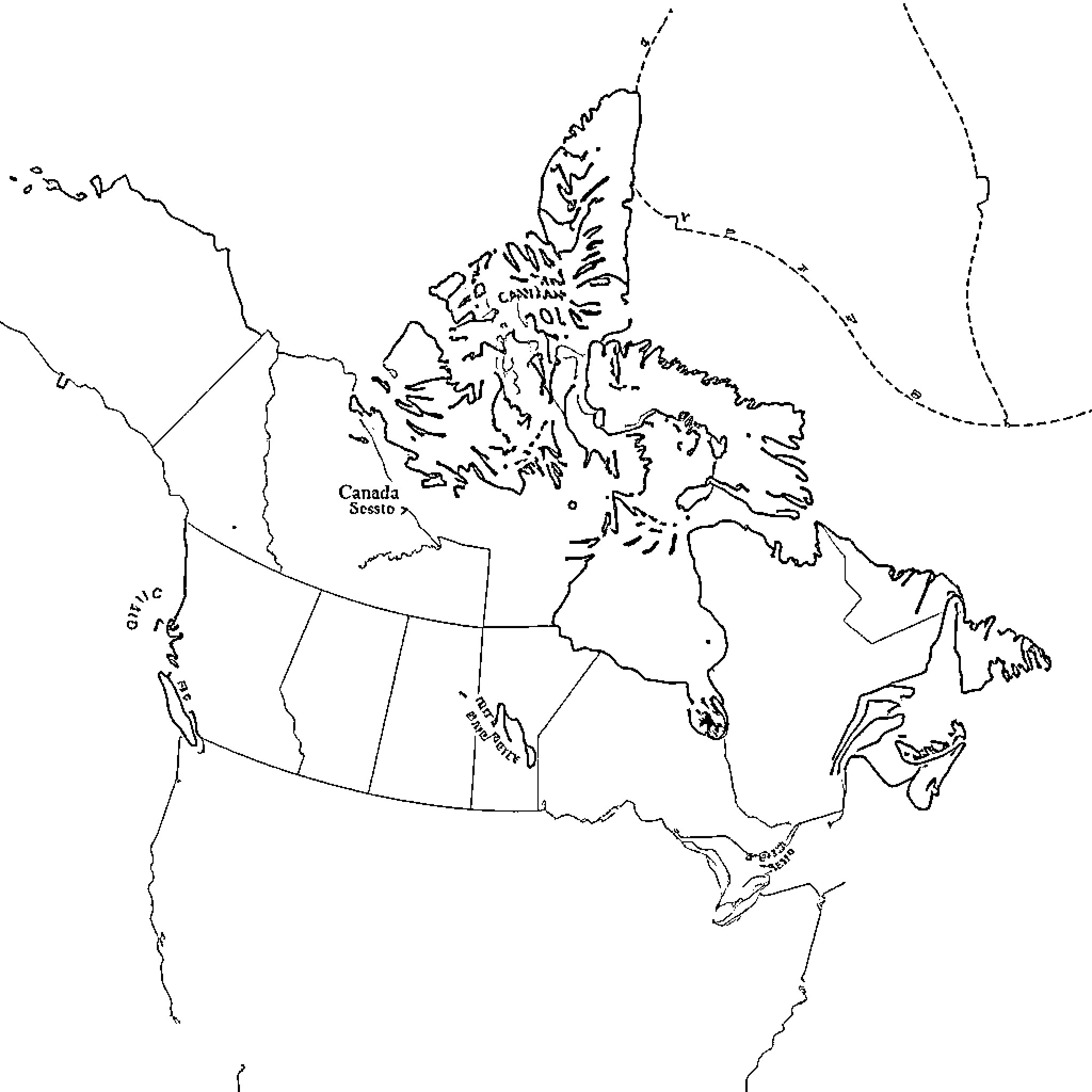 Map of the country outlines of Canada Coloring Page (free black-and-white line drawing printable PDF for all, from beginners to advanced learners, including children, teens, adults, and seniors)