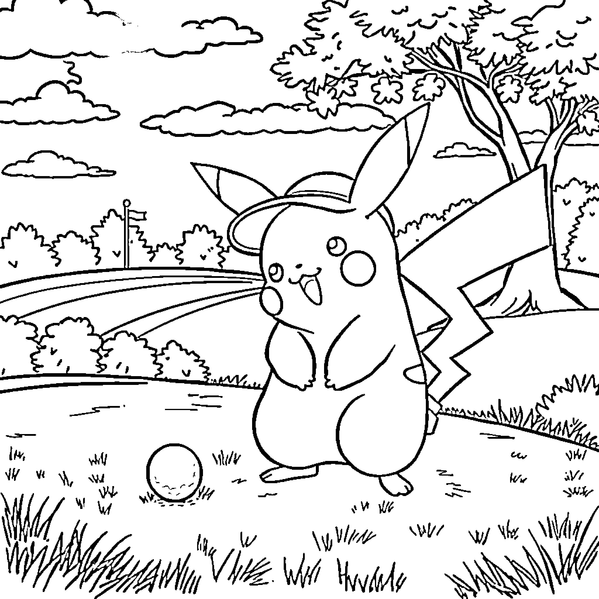 Pikachu enjoying nature in the outdoors Coloring Page (free black-and-white line drawing printable PDF for all, from beginners to advanced learners, including children, teens, adults, and seniors)