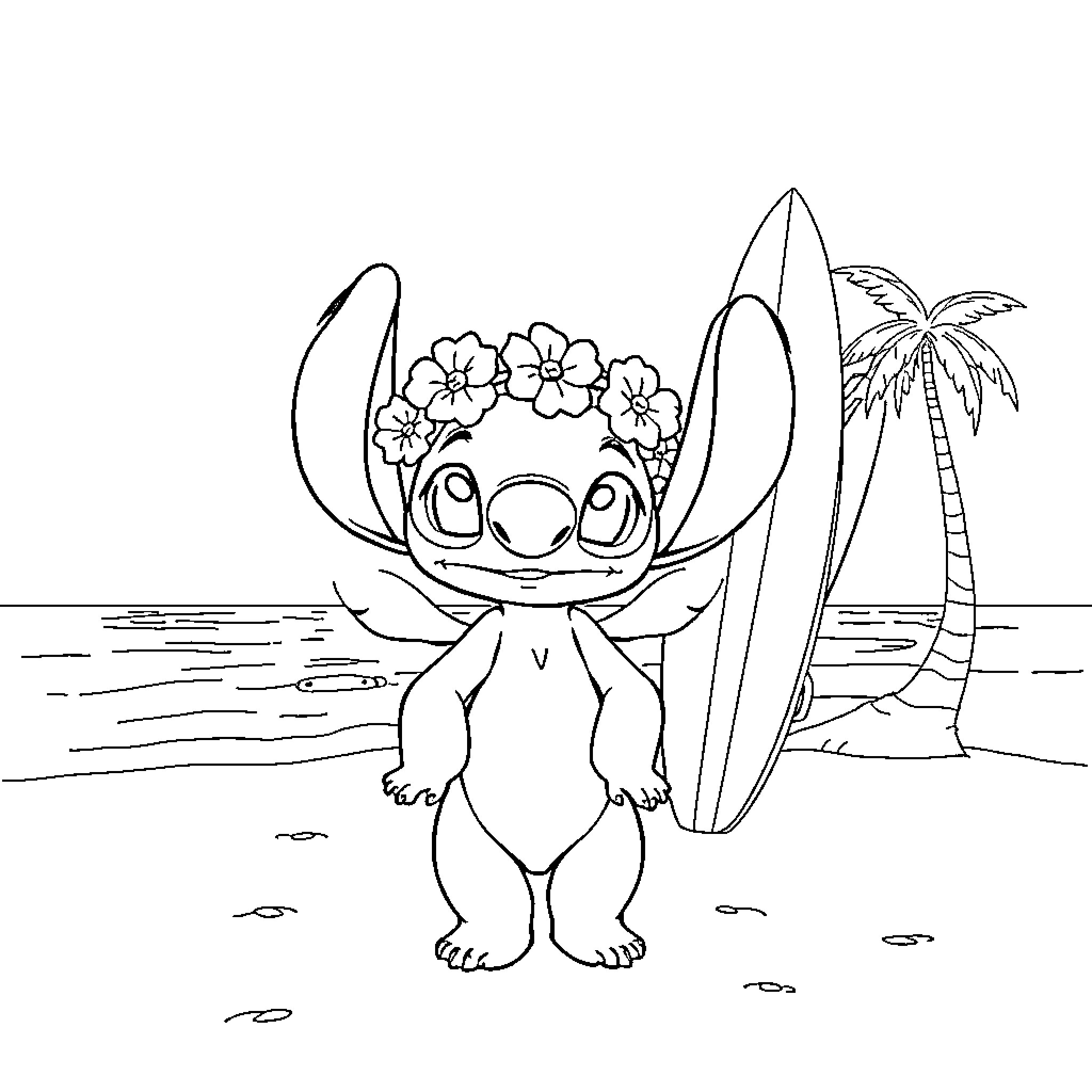 Angel standing on a beach with a surfboard Coloring Page (free black-and-white line drawing printable PDF for all, from beginners to advanced learners, including children, teens, adults, and seniors)