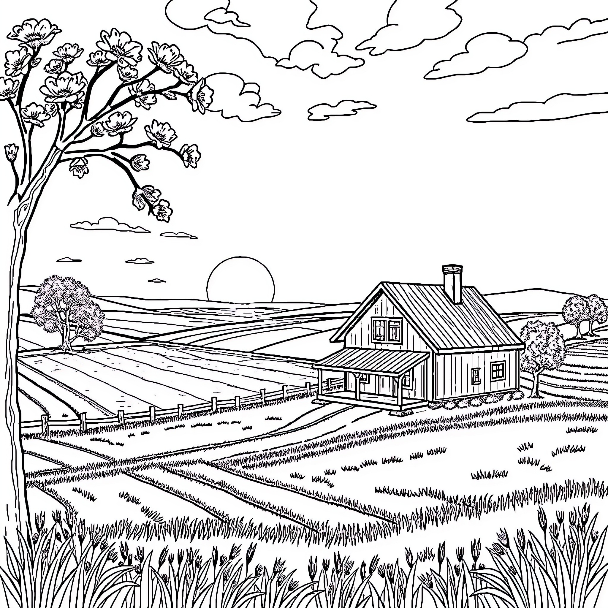 House Surrounded by Countryside Landscape Coloring Page (free black-and-white line drawing printable PDF for all, from beginners to advanced learners, including children, teens, adults, and seniors)