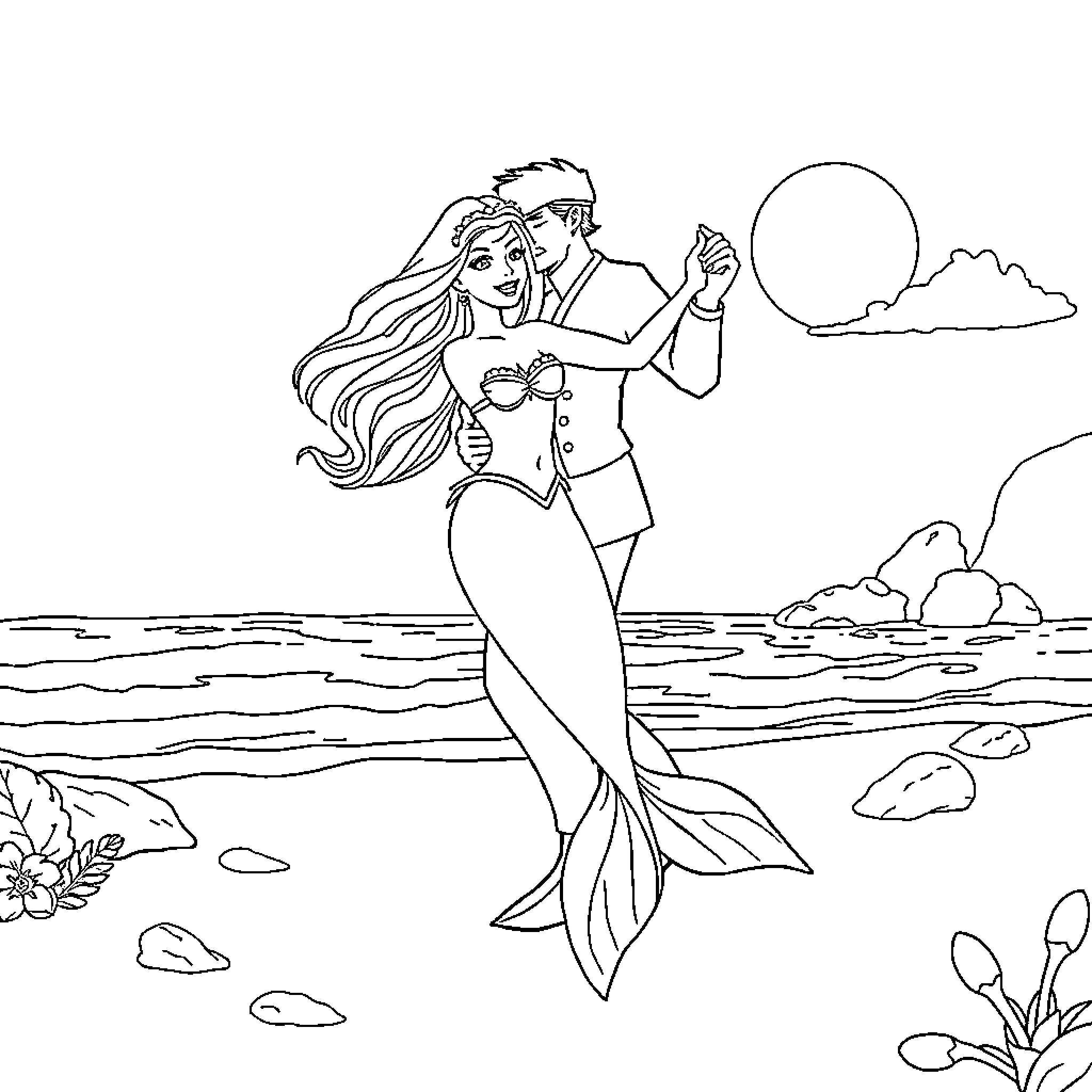 Mermaid dancing with her human companion Coloring Page (free black-and-white line drawing printable PDF for all, from beginners to advanced learners, including children, teens, adults, and seniors)