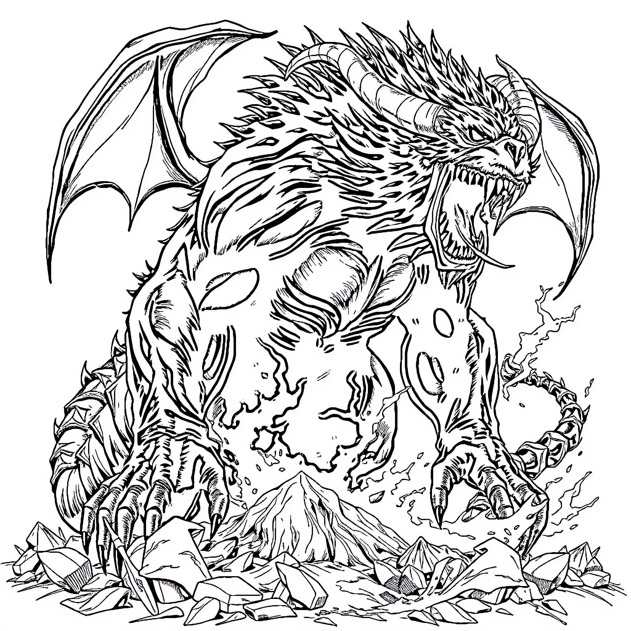 Demon Dragon Breathing Flames Upon Ruins Coloring Page (free black-and-white line drawing printable PDF for all, from beginners to advanced learners, including children, teens, adults, and seniors)
