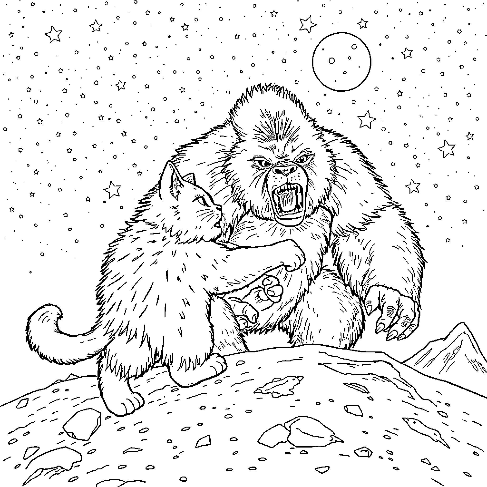 Cat-like Creature Howling under Starry Sky Coloring Page (free black-and-white line drawing printable PDF for all, from beginners to advanced learners, including children, teens, adults, and seniors)