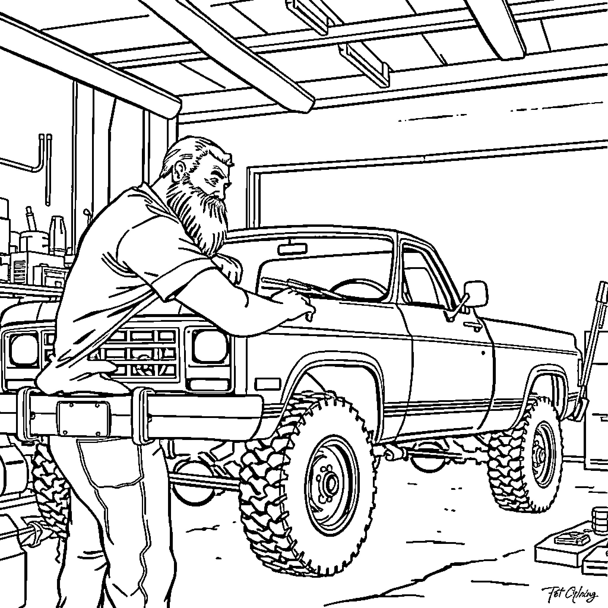 Man working on repairing vintage truck in workshop Coloring Page (free black-and-white line drawing printable PDF for all, from beginners to advanced learners, including children, teens, adults, and seniors)