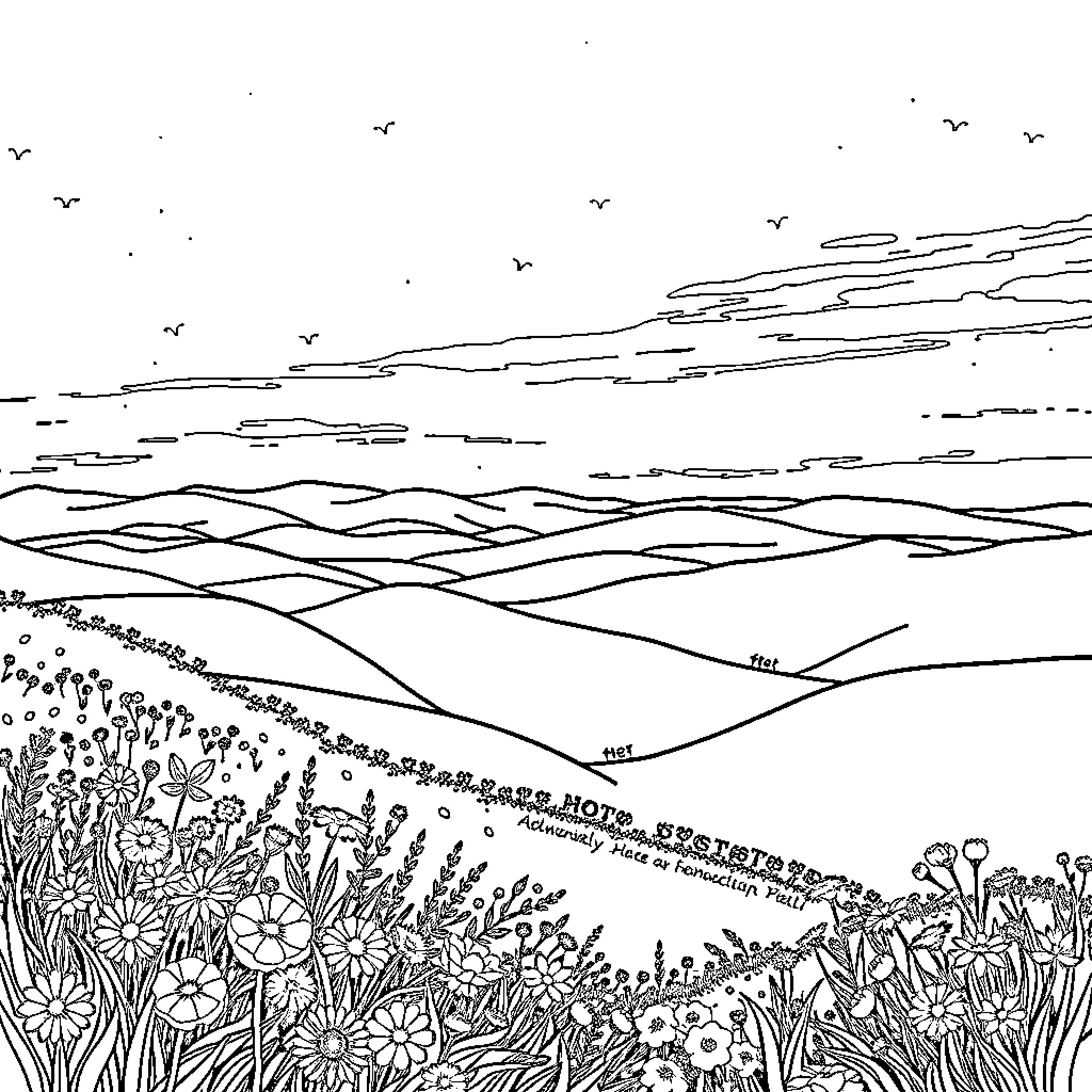 Landscape with a field of wildflowers Coloring Page (free black-and-white line drawing printable PDF for all, from beginners to advanced learners, including children, teens, adults, and seniors)