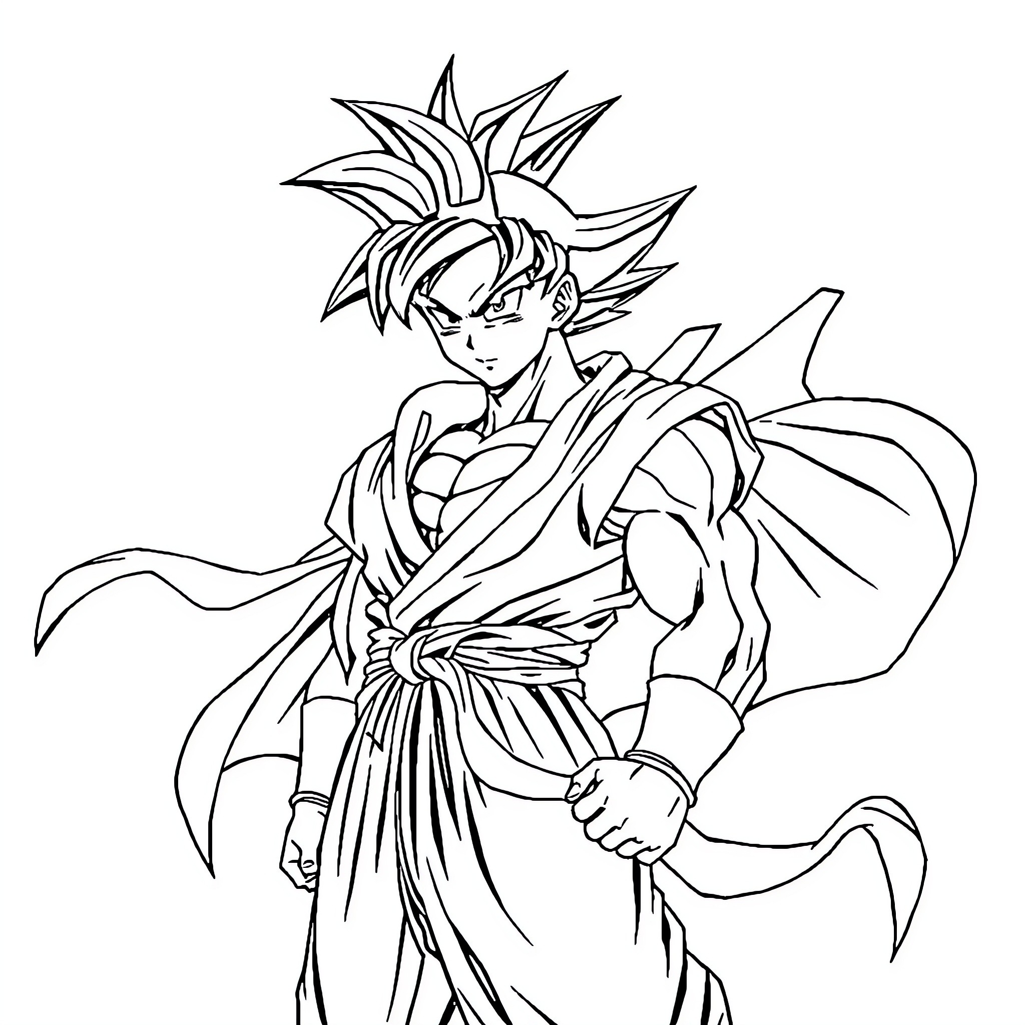 Son Goku in Powerful Warrior Stance Coloring Page (free black-and-white line drawing printable PDF for all, from beginners to advanced learners, including children, teens, adults, and seniors)