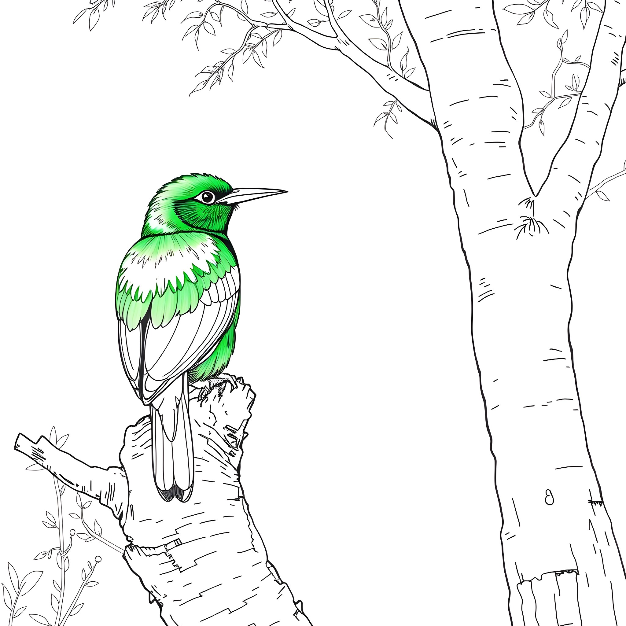 Dacnis bird perched on birch tree branch Coloring Page (free black-and-white line drawing printable PDF for all, from beginners to advanced learners, including children, teens, adults, and seniors)