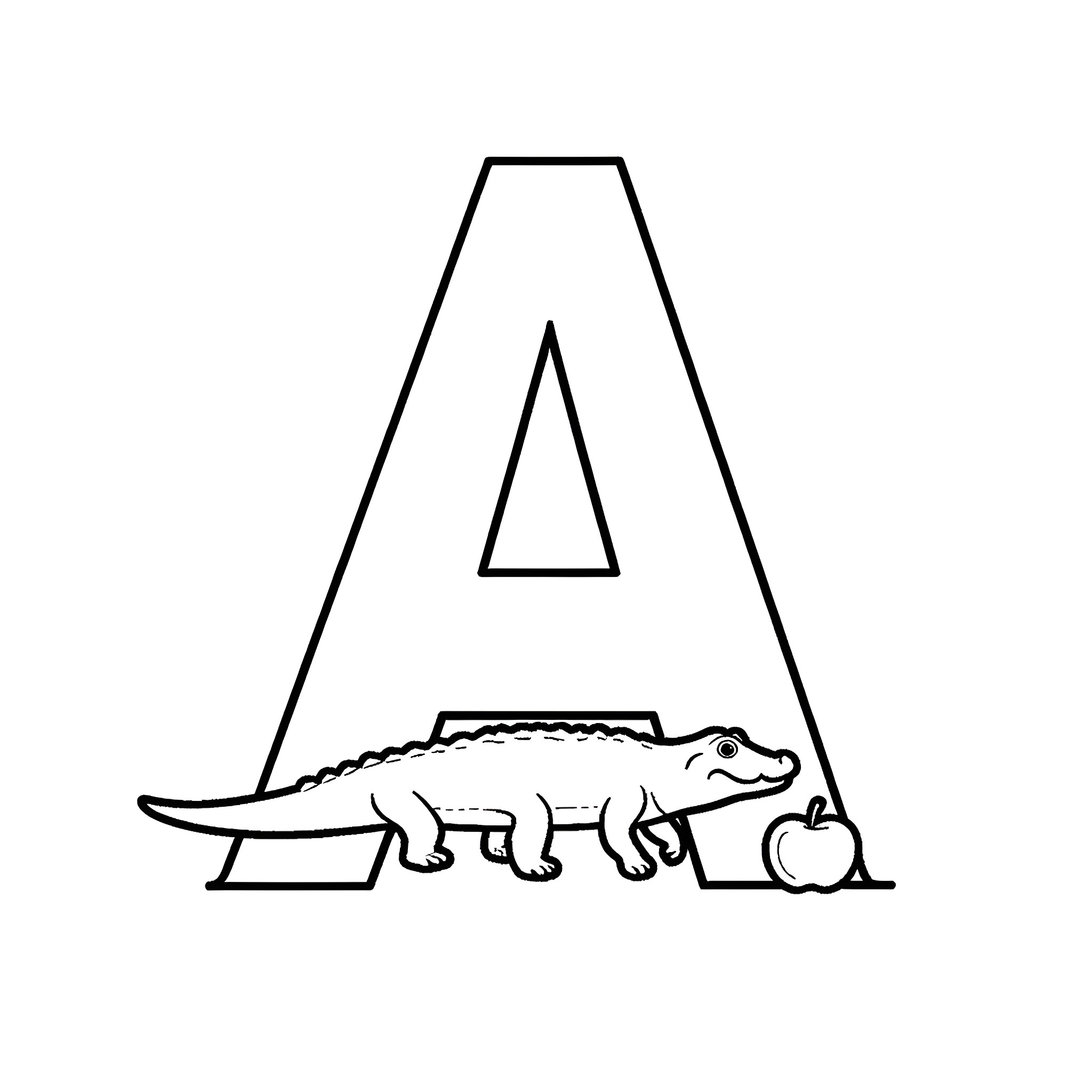 A Alligator with apple Coloring Page (free black-and-white line drawing printable PDF for all, from beginners to advanced learners, including children, teens, adults, and seniors)
