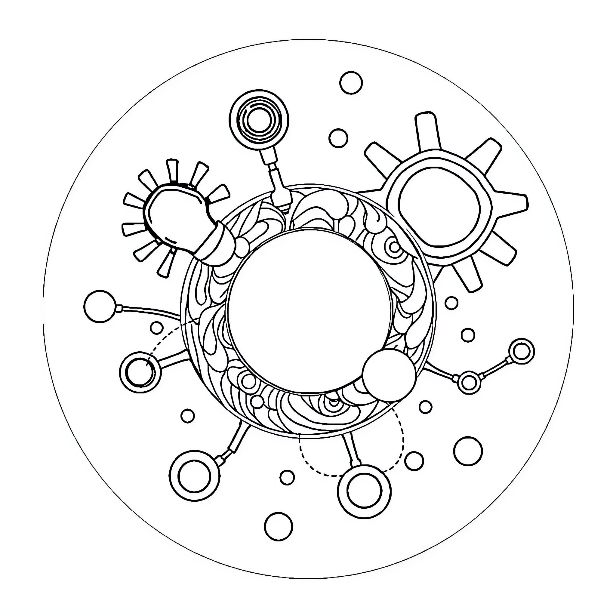 Arrow-shaped abstract cosmic design with circles and shapes Coloring Page (free black-and-white line drawing printable PDF for all, from beginners to advanced learners, including children, teens, adults, and seniors)