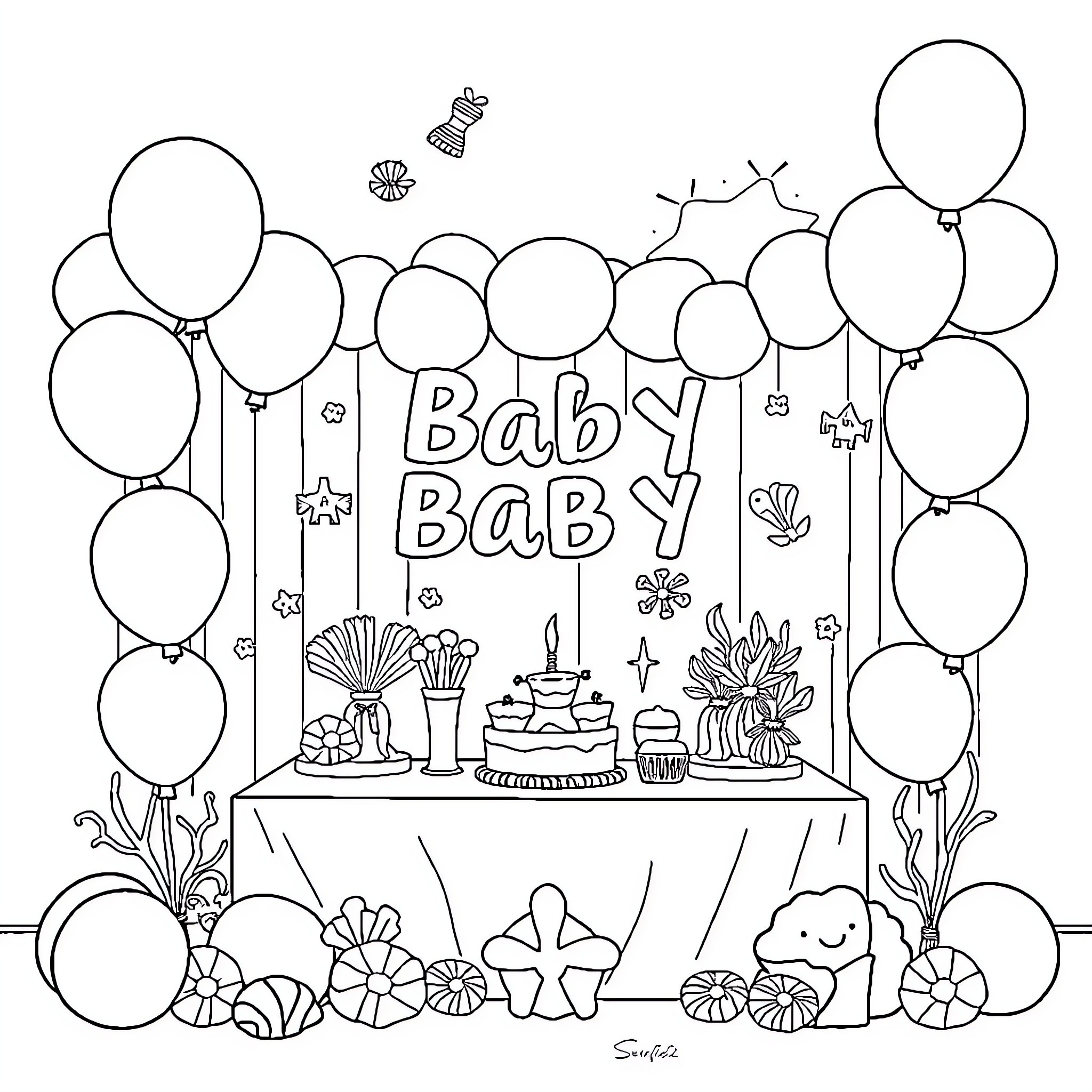 Ocean of Baby Shower Celebration Balloons Coloring Page (free black-and-white line drawing printable PDF for all, from beginners to advanced learners, including children, teens, adults, and seniors)