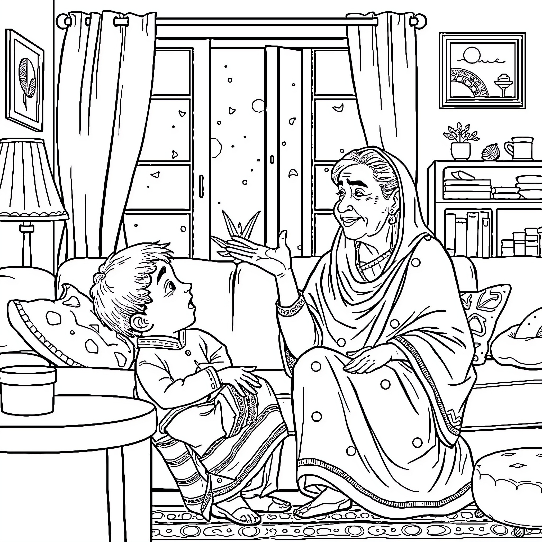 Grandma comforting and caring for her sick grandchild Coloring Page (free black-and-white line drawing printable PDF for all, from beginners to advanced learners, including children, teens, adults, and seniors)